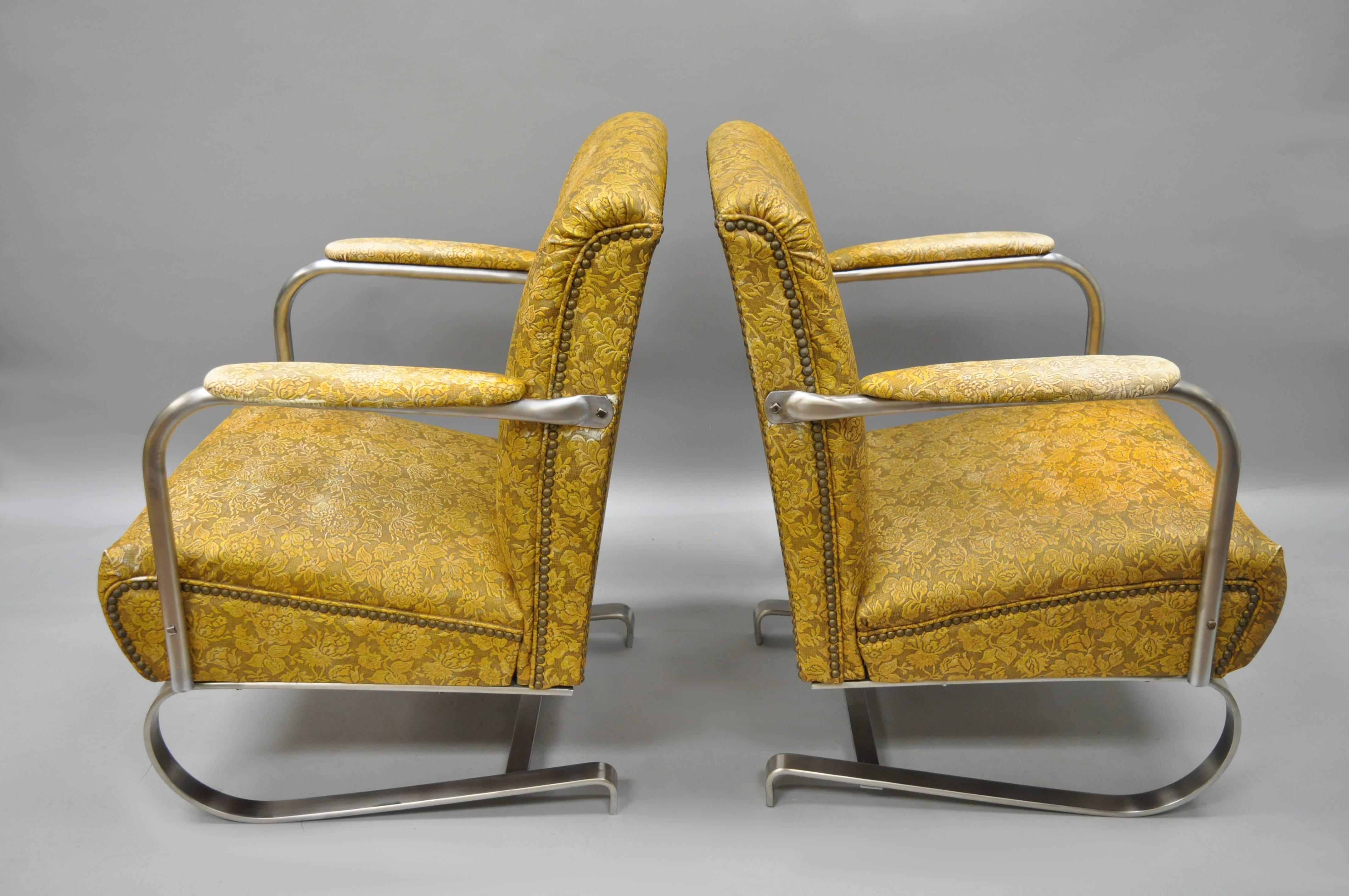 Pair of Lloyd Tubular Chrome Steel KEM Weber Style Art Deco Springer Arm Chairs For Sale 1