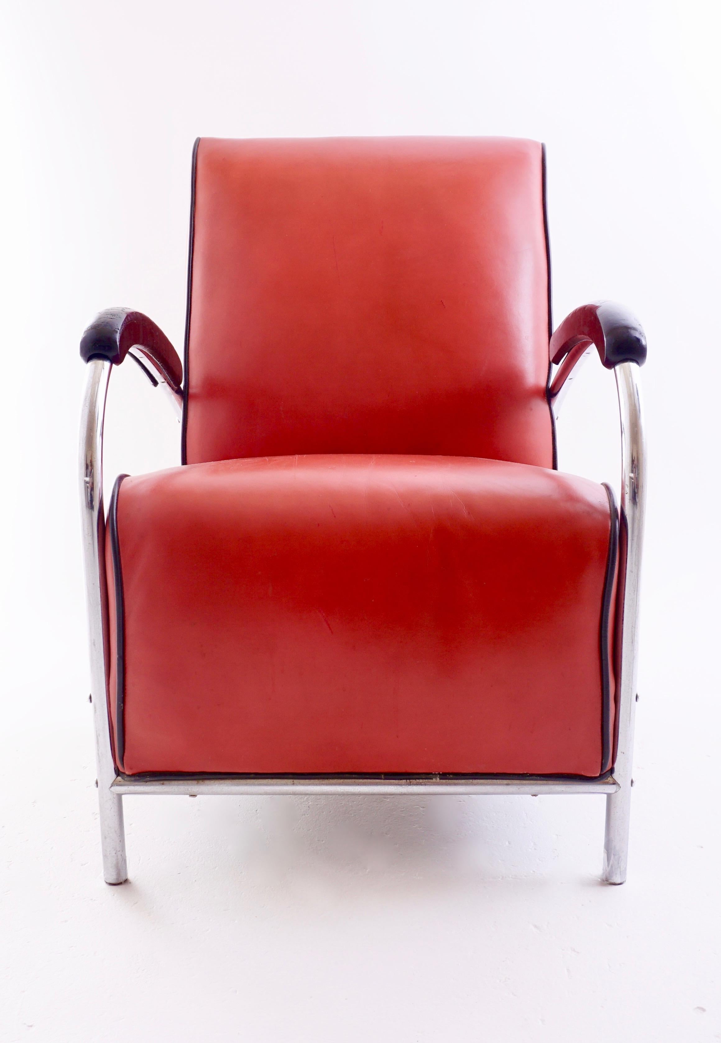 American Kem Weber Red Tubular Armchair, Vintage Mid-Century Modern