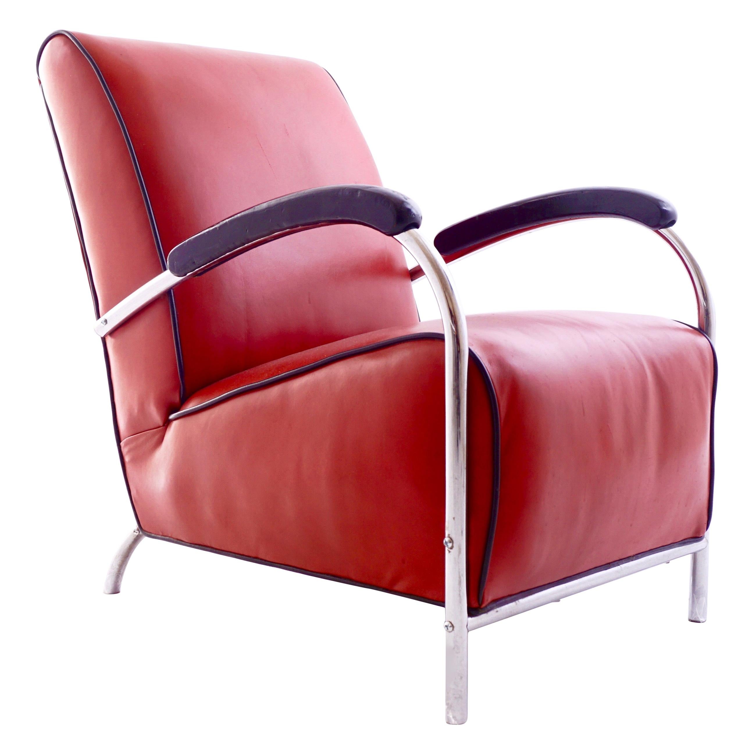 Kem Weber Red Tubular Armchair, Vintage Mid-Century Modern