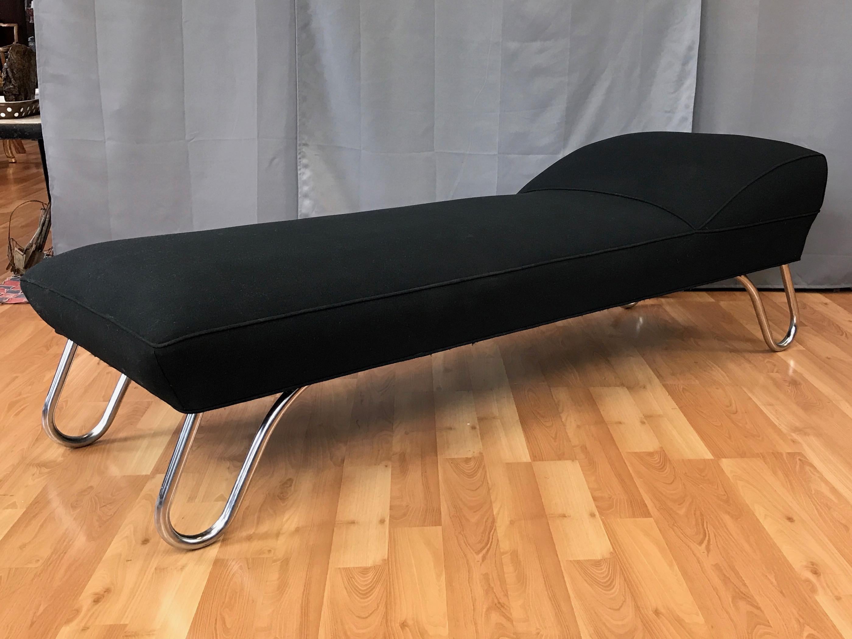 An early 1930s Streamline Moderne chaise lounge or daybed by Kem Weber for Lloyd Manufacturing Co.

A sleek yet comfortable piece displaying the horizontal lines and curving forms that exemplify the late Art Deco period Streamline Moderne style. On