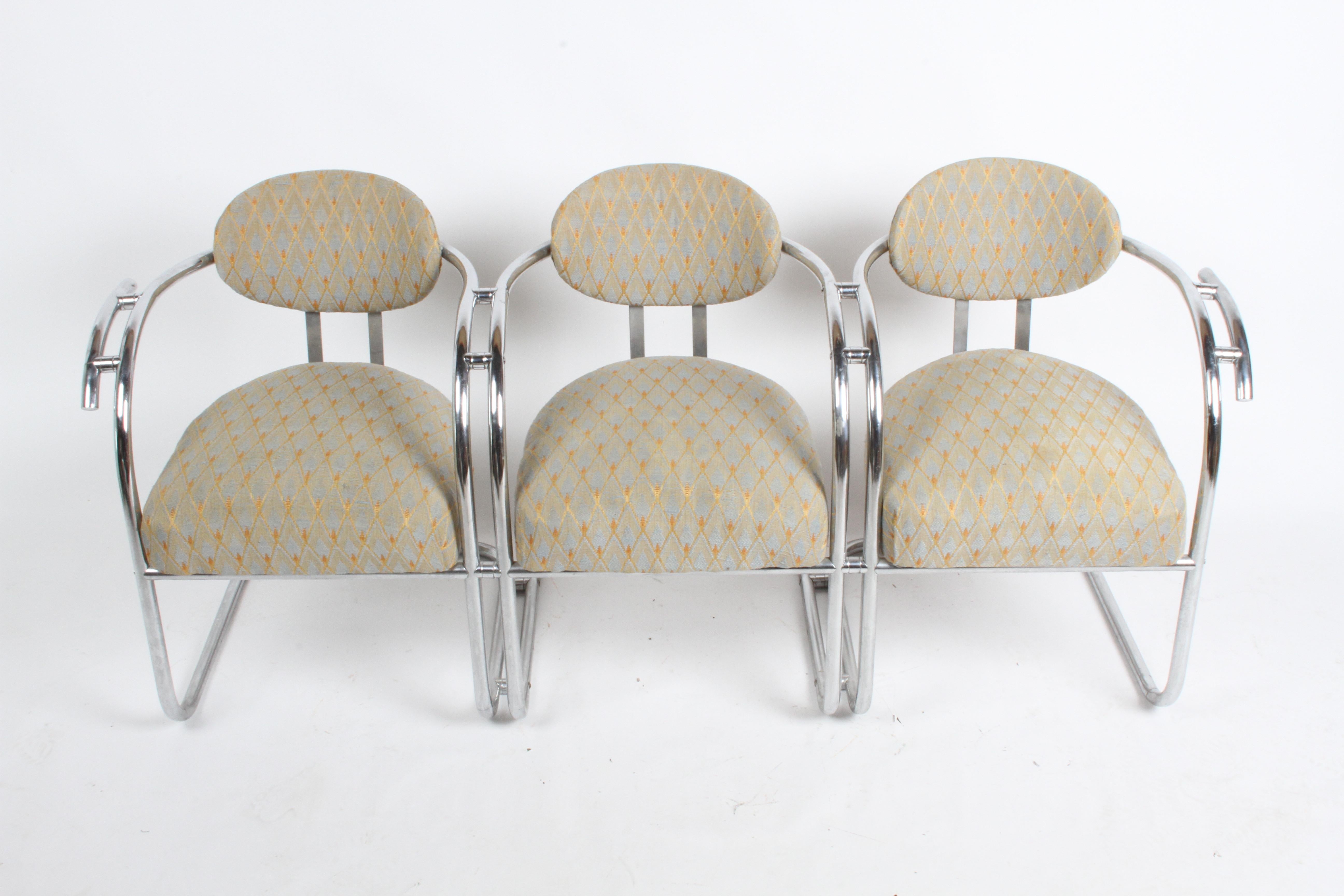 American Kem Weber Style 1930s Art Deco Chrome Tubular Frame Tandem 3-Seater Arm Chairs  For Sale