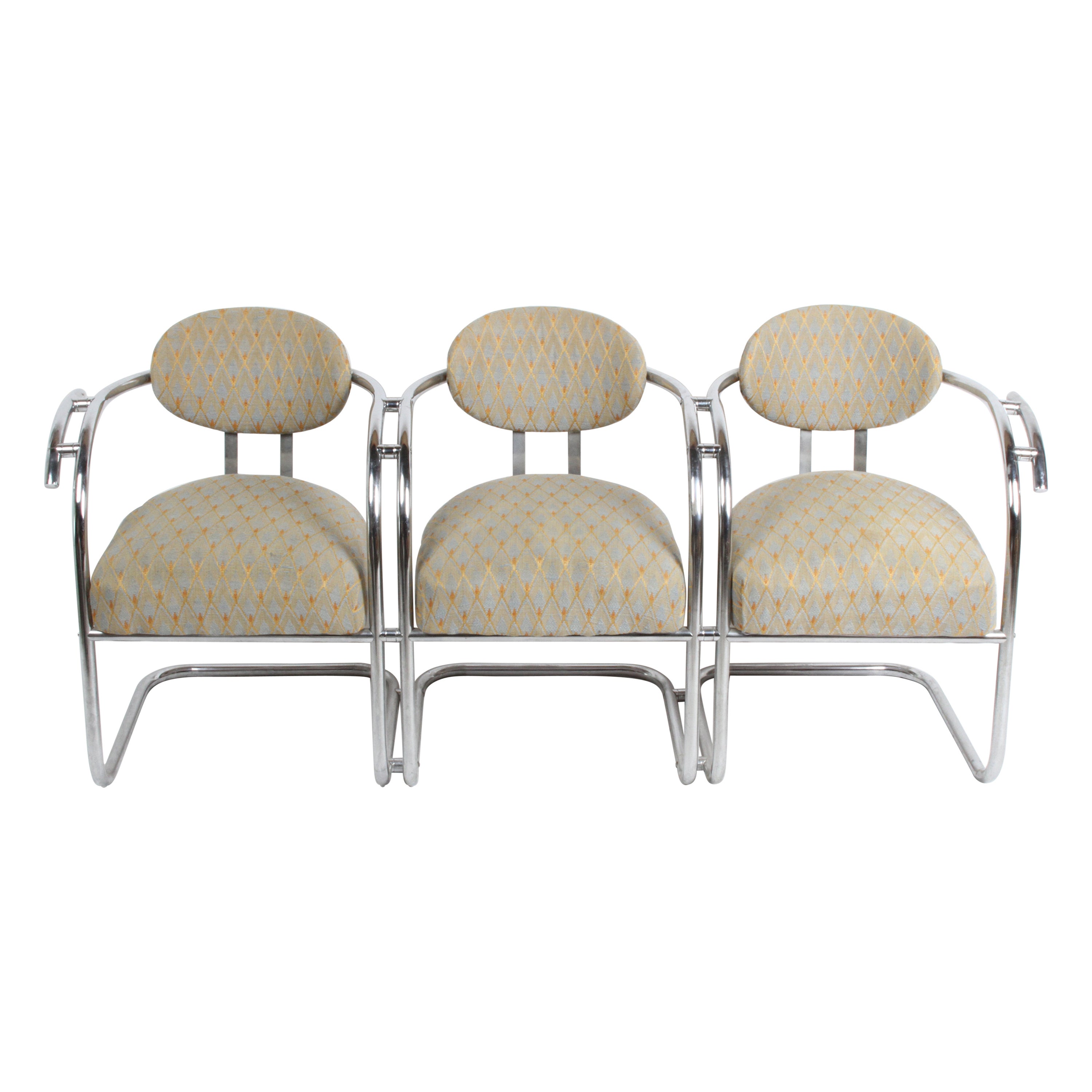 Kem Weber Style 1930s Art Deco Chrome Tubular Frame Tandem 3-Seater Arm Chairs