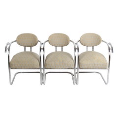 Kem Weber Style 1930s Art Deco Chrome Tubular Frame Tandem 3-Seater Arm Chairs