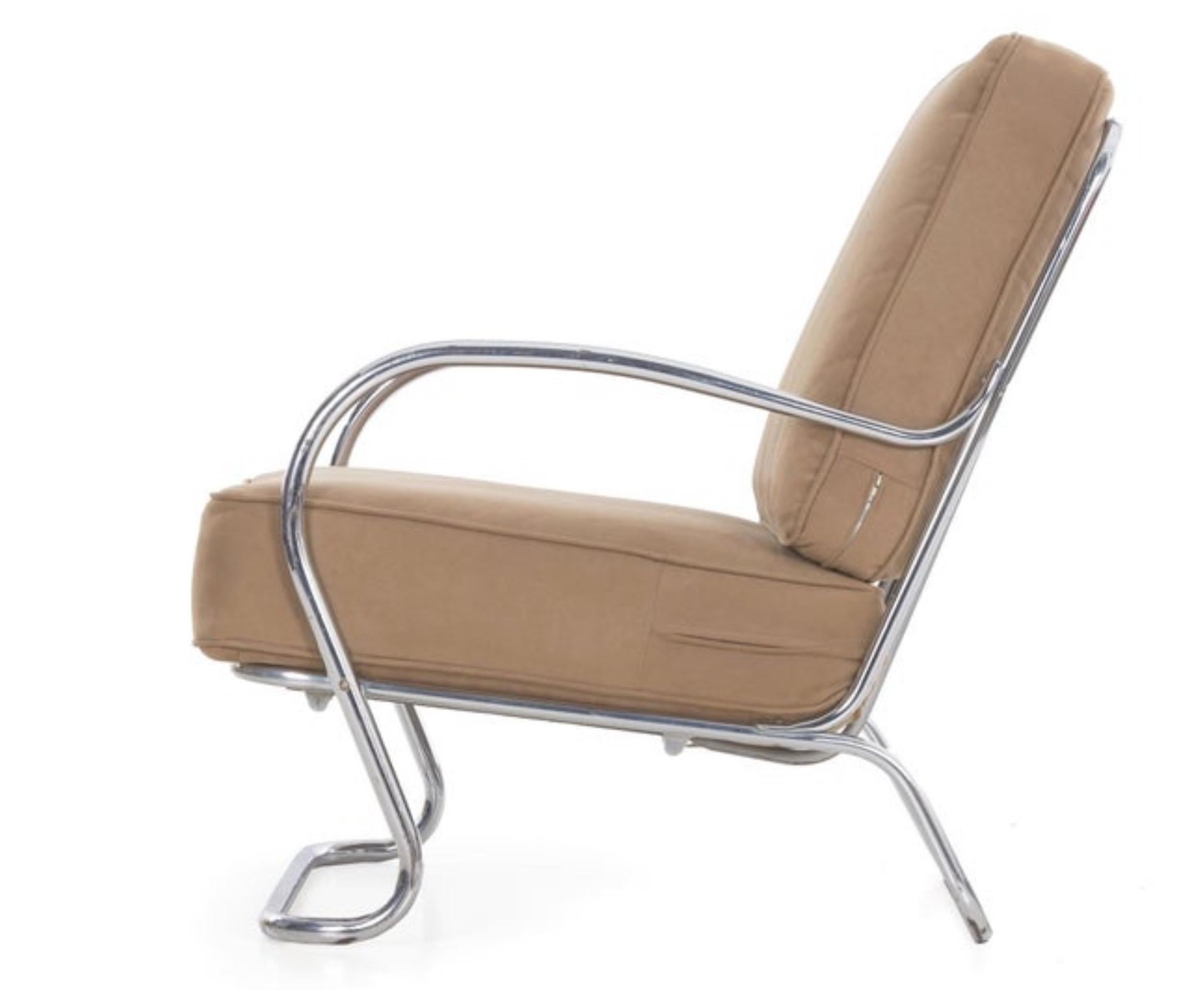 Kem Weber: Chrom-Loungesessel mit röhrenförmigem Chromrohr für Lloyd Manufacturing (Streamline-Moderne) im Angebot