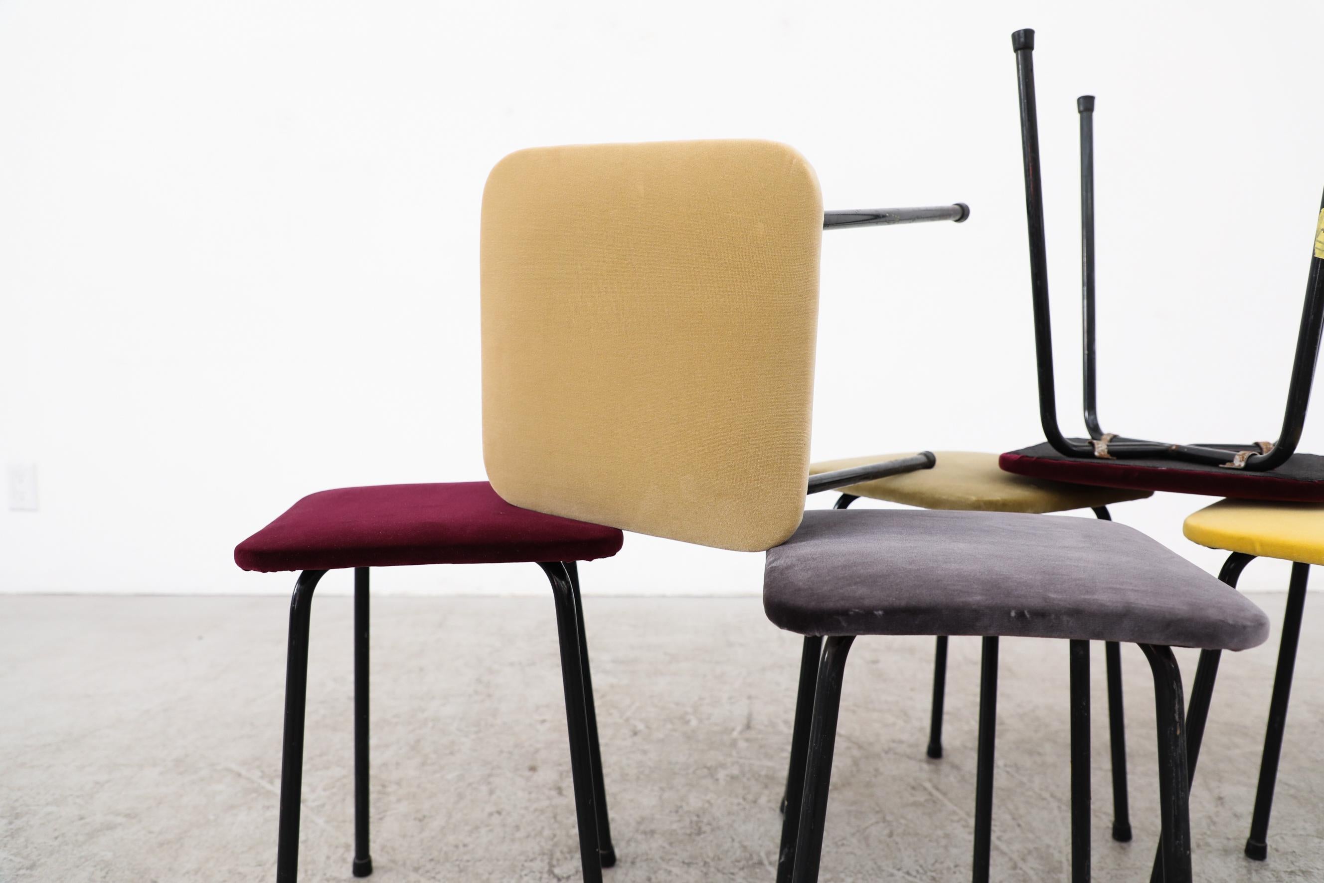 Kembo stools shown with new velvet upholstery. Available in various velvet colors: beige (4), olive green (2), burgundy (2), charcoal gray (1). The frames are in very original condition with visible wear and heavy patina making a beautiful contrast