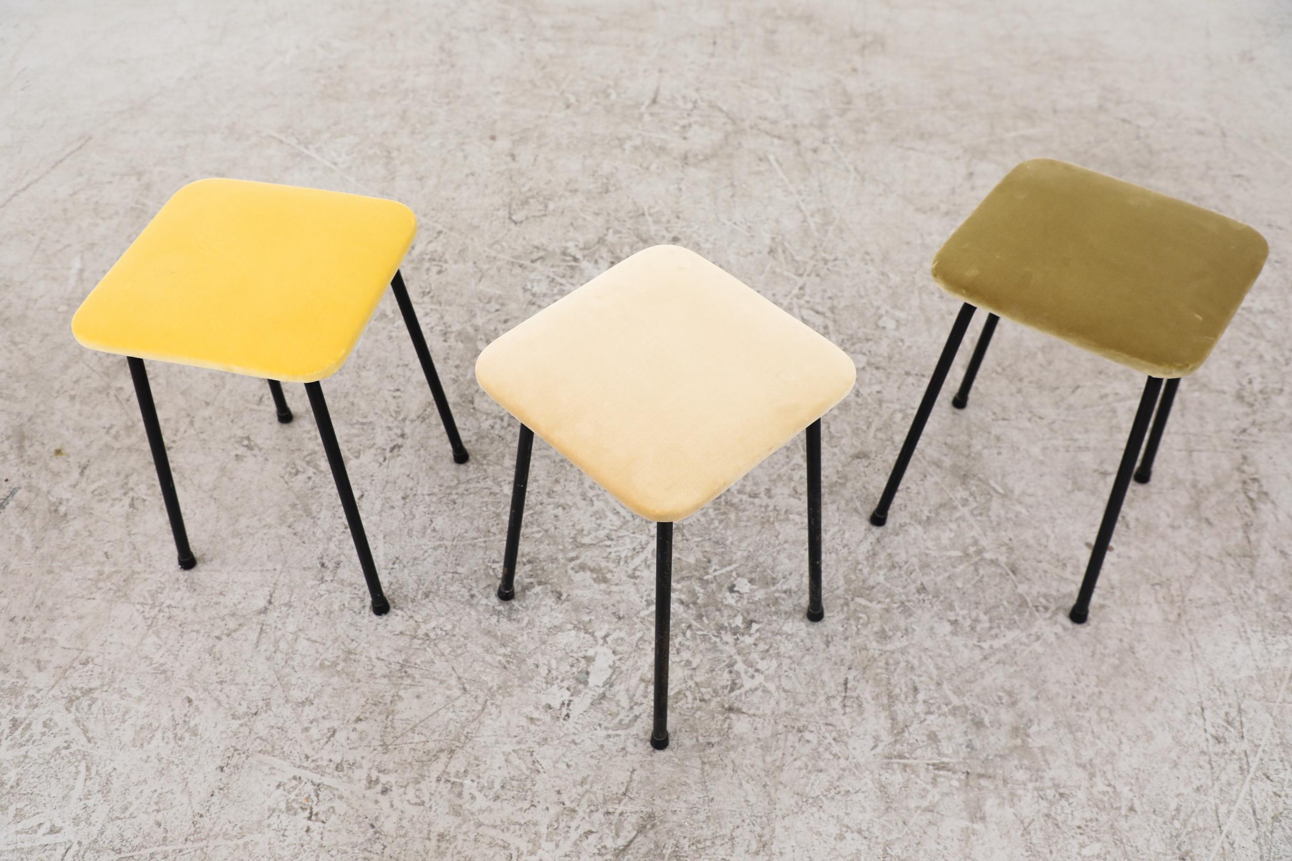 Kembo Dining Height Stools with New Velvet Upholstered Seats & Original Frames In Good Condition For Sale In Los Angeles, CA