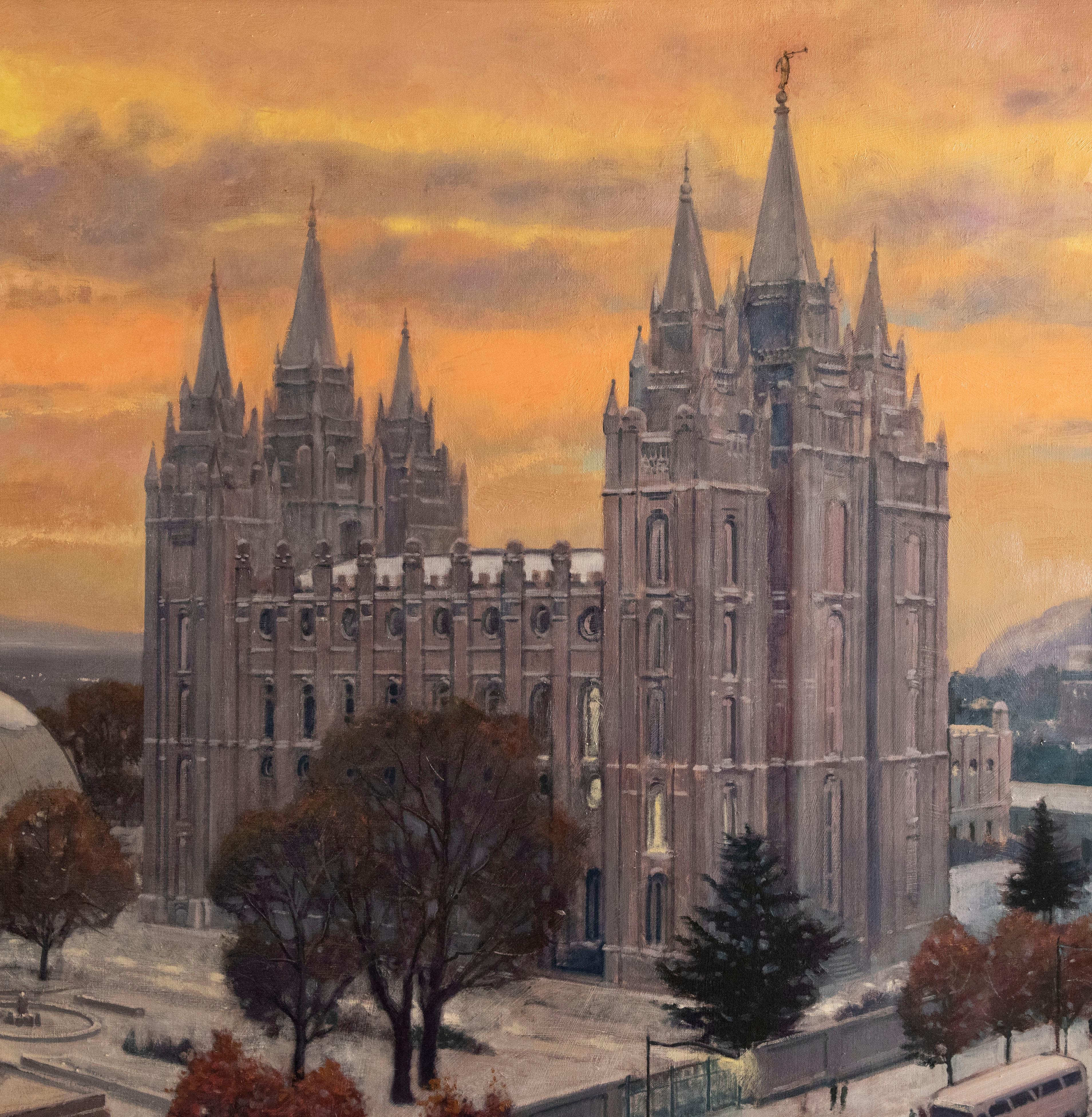 Salt Lake City Temple Square (Schwarz), Landscape Painting, von Ken Baxter