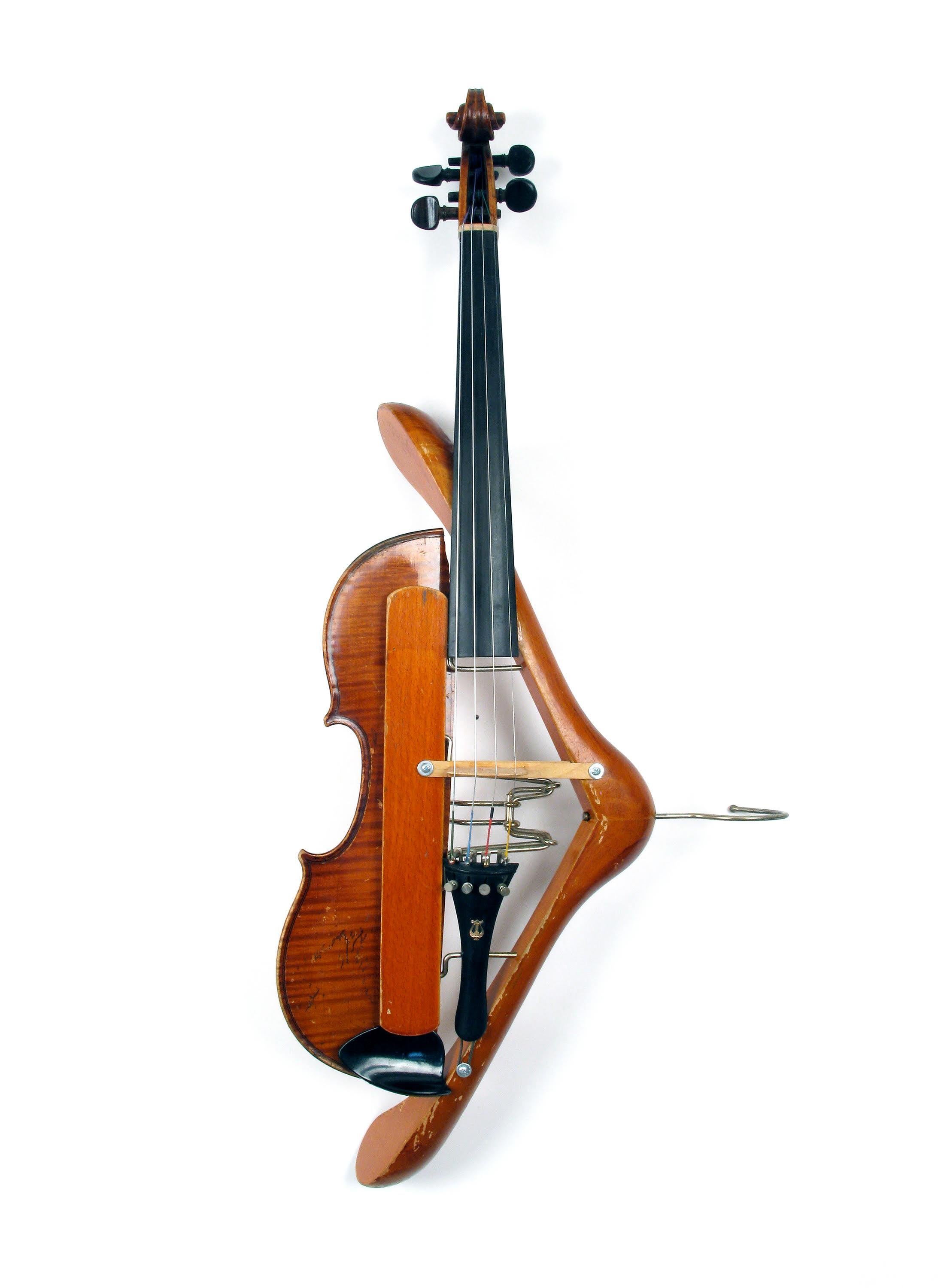 Ken Butler Abstract Sculpture - "Coat Hanger Violin"  hybrid musical instrument sculpture, assemblage