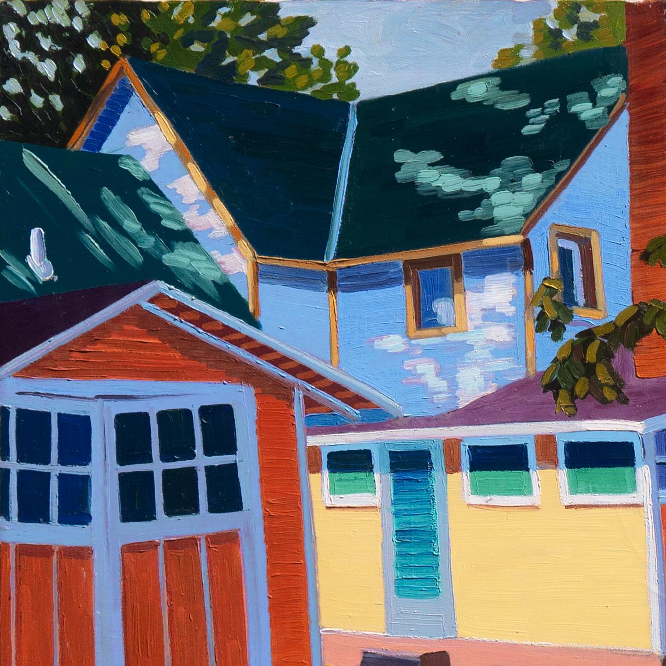 Firmado abajo a la derecha, 'K. Christensen' por Ken Christensen (estadounidense, nacido en 1951) y fechado, verso, 1989; además, firmado, verso y titulado, 'Summer Cottages in Bold Colors'.

Ken Christensen es un paisajista in situ de formación