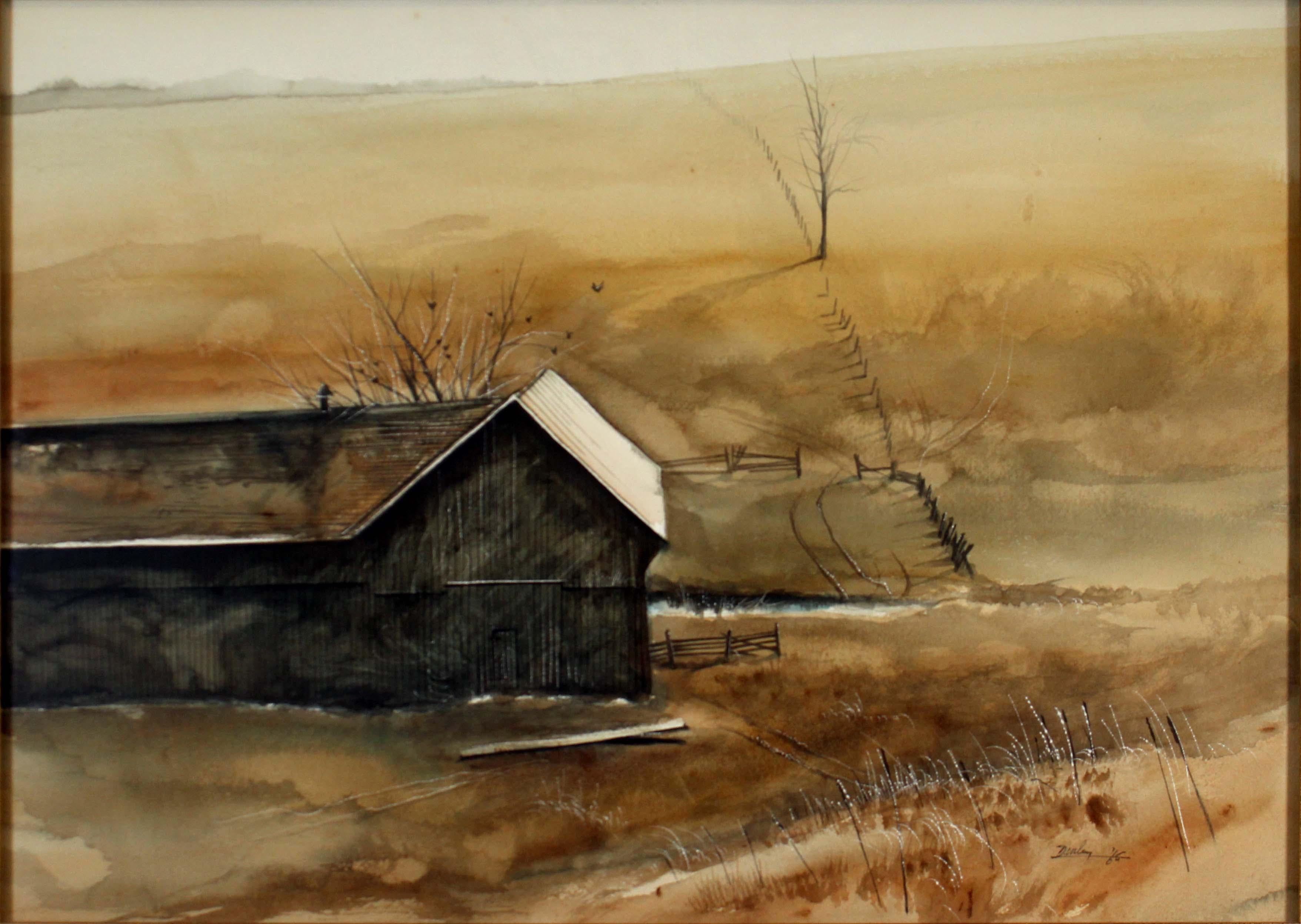 A serene and somber watercolor on paper depicting a barn in a country landscape by Canadian artist Ken Edison Danby. Signed on the bottom right with a 1965 date. A nostalgic subject matter showcasing simple times on a idyllic peaceful farm. From a
