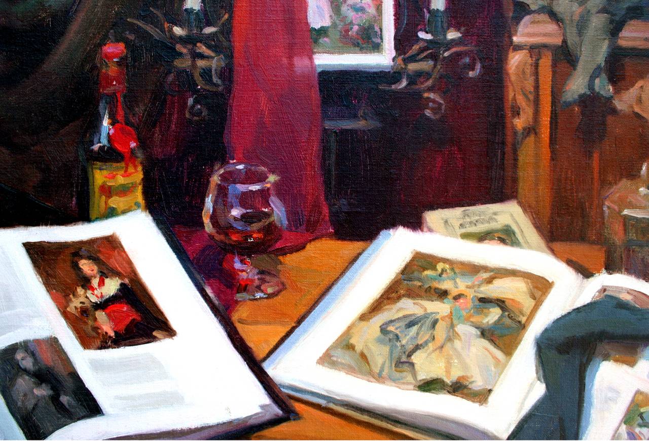 Ultra-realistische Bibliotheks-Stillleben-Bücher und Kerzen „Der kleine Dämon im Detail“ (Amerikanischer Impressionismus), Painting, von Ken DeWaard