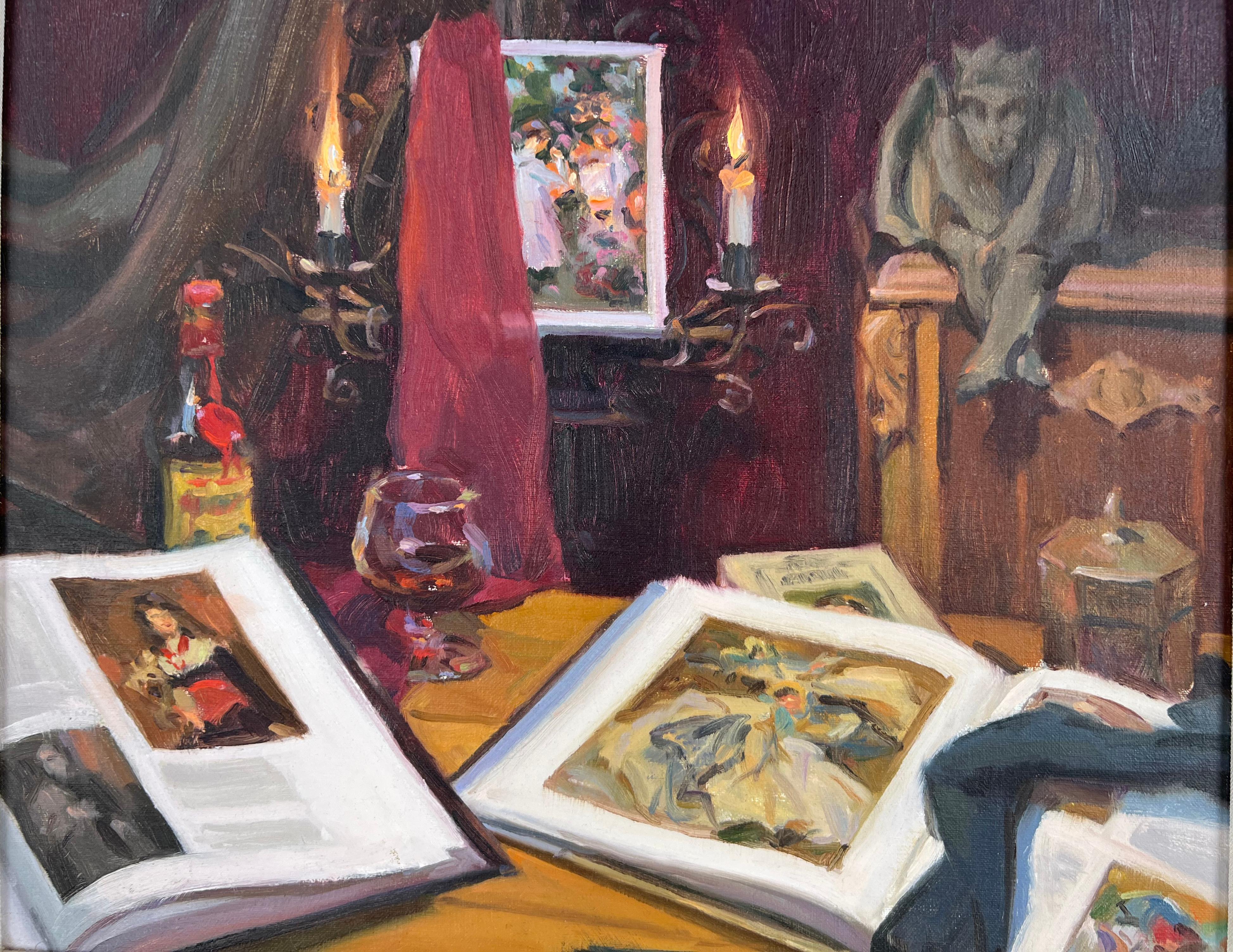 Ultra-realistische Bibliotheks-Stillleben-Bücher und Kerzen „Der kleine Dämon im Detail“ (Braun), Interior Painting, von Ken DeWaard