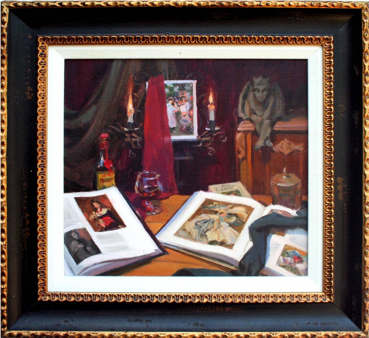 Ken DeWaard Interior Painting – Ultra-realistische Bibliotheks-Stillleben-Bücher und Kerzen „Der kleine Dämon im Detail“