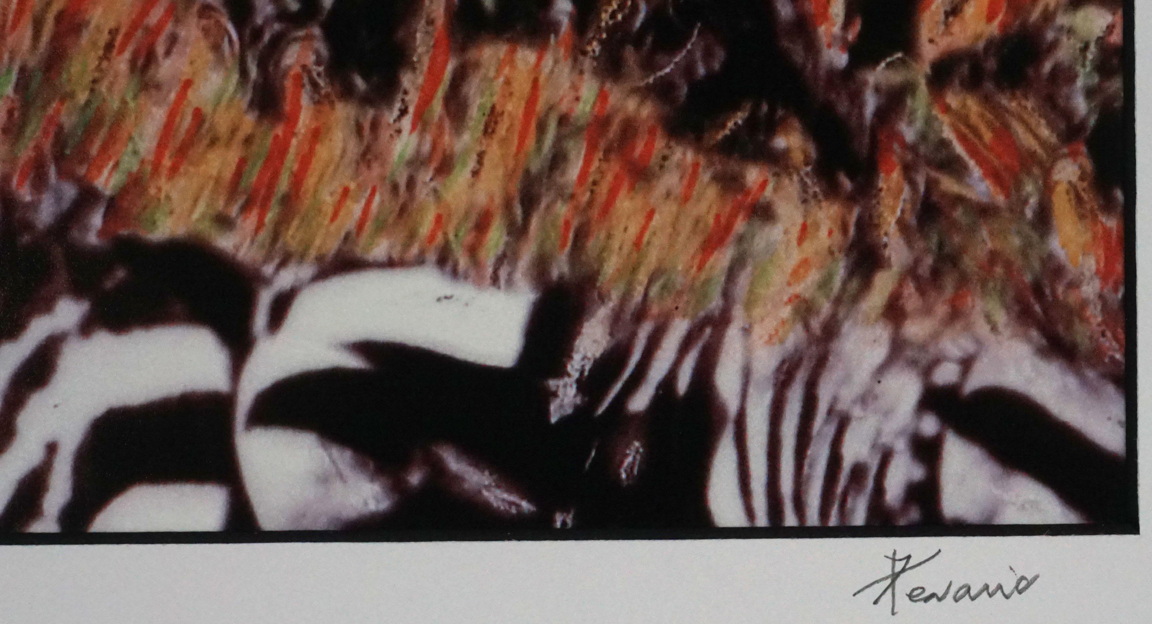 Abstrahierte Fotografie von Zebras mit lebhaften Farben in limitierter Auflage von Ken Dorr (Amerikaner, 20. Jahrhundert), ca. 2000. #10/250. Signiert und nummeriert am unteren Rand der Matte. Präsentiert in einem schwarzen Metallrahmen. Bildgröße: