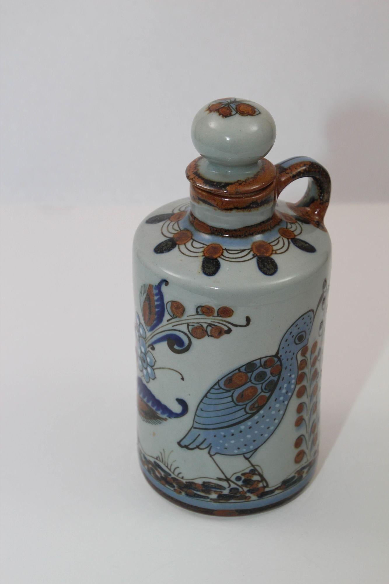 Folk Art Ken Edwards Signed El Palomar Tonala Mexico Art Pottery Bottle with Cork 1960s For Sale