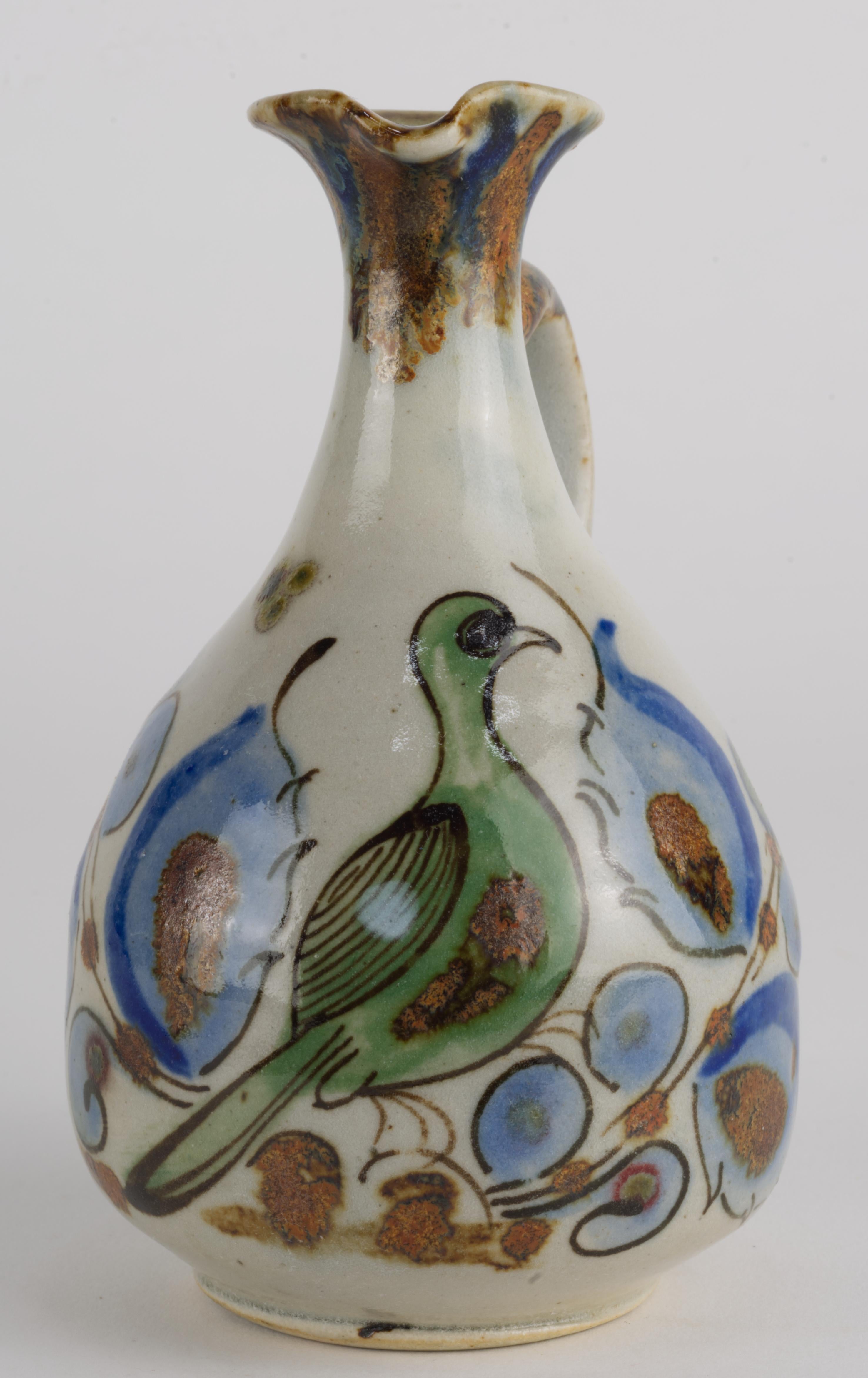 Folk Art Ken Edwards Signed Tonala Mexico Art Pottery Ewer Bud Vase with Bird For Sale