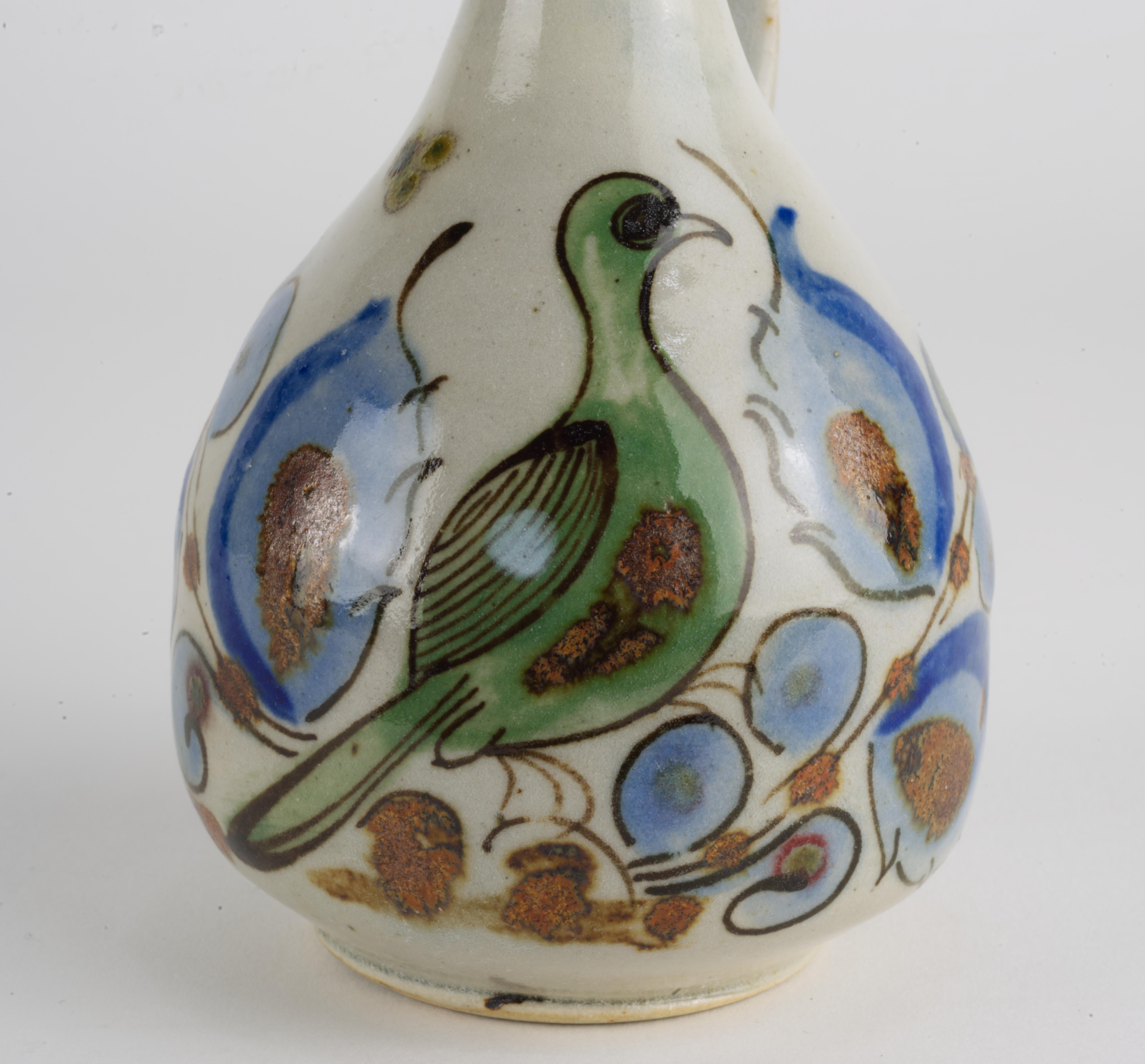 Ceramic Ken Edwards Signed Tonala Mexico Art Pottery Ewer Bud Vase with Bird For Sale