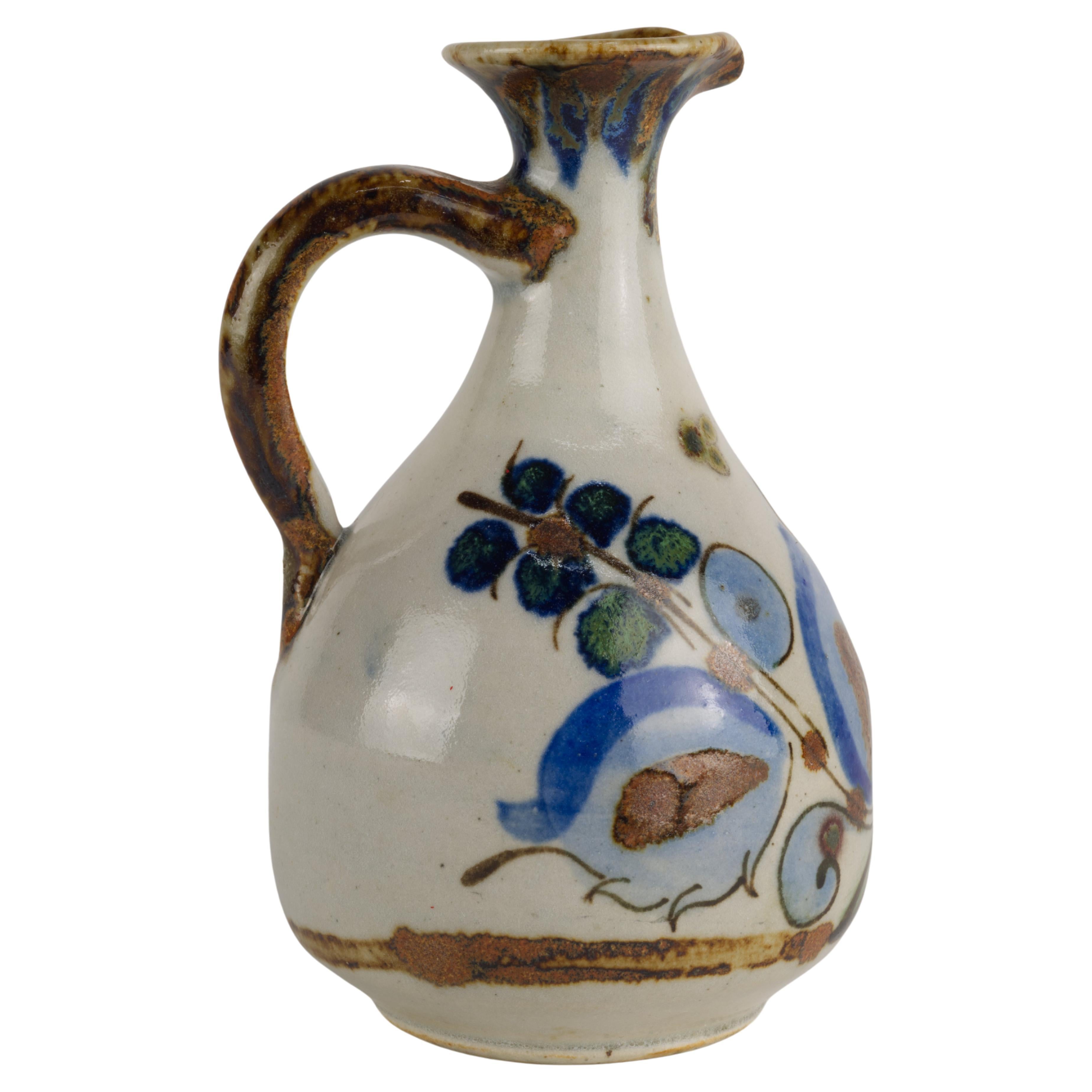 Ken Edwards Signed Tonala Mexico Art Pottery Ewer Bud Vase with Bird For Sale