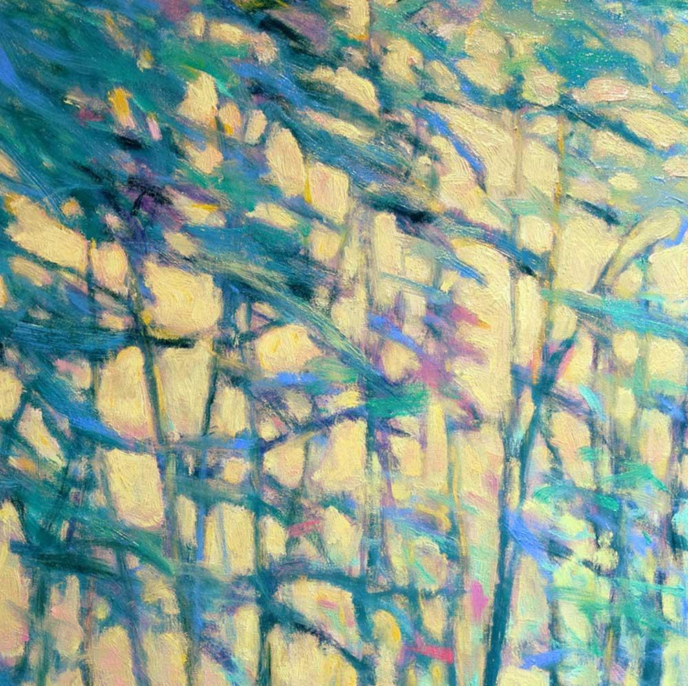 This colorful abstract landscape painting by artist Ken Elliott is made with oil paint on canvas. The painting pairs bright blue and teal trees in front of a warm yellow background, giving the feeling of light shining through the tree trunks in a