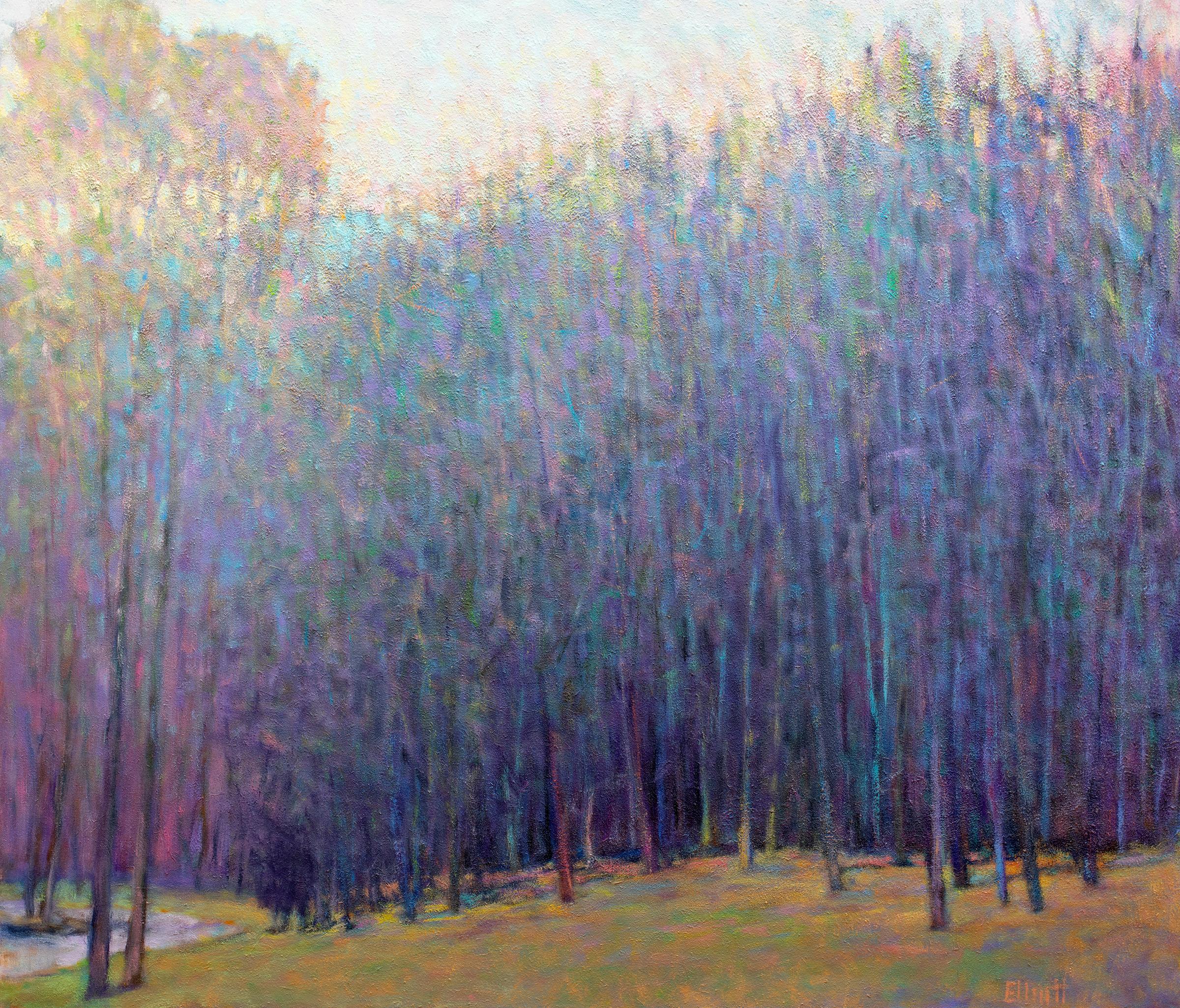 Ken Elliott Landscape Painting - 'At the Ponds Edge, Emerging Spring', Large Transitional Landscape Oil Painting