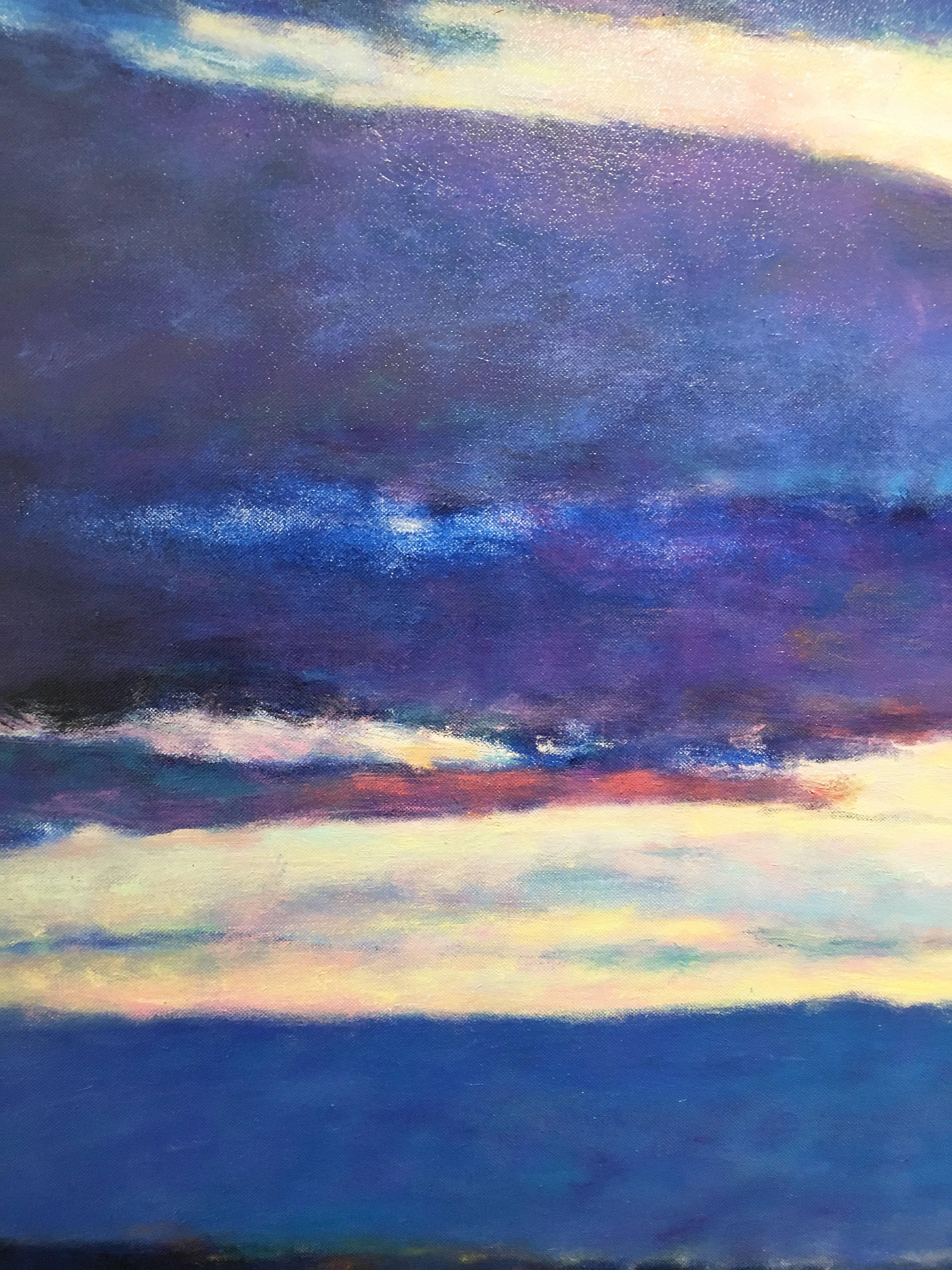 'Blue Skyscape' 2011 by American artist, Ken Elliott. Oil on canvas, 36 x 60 in. This painting of clouds and sky is primarily monochromatic. Comprising of the color blue in varying hues, the painting moves from left to right. The sun reflected