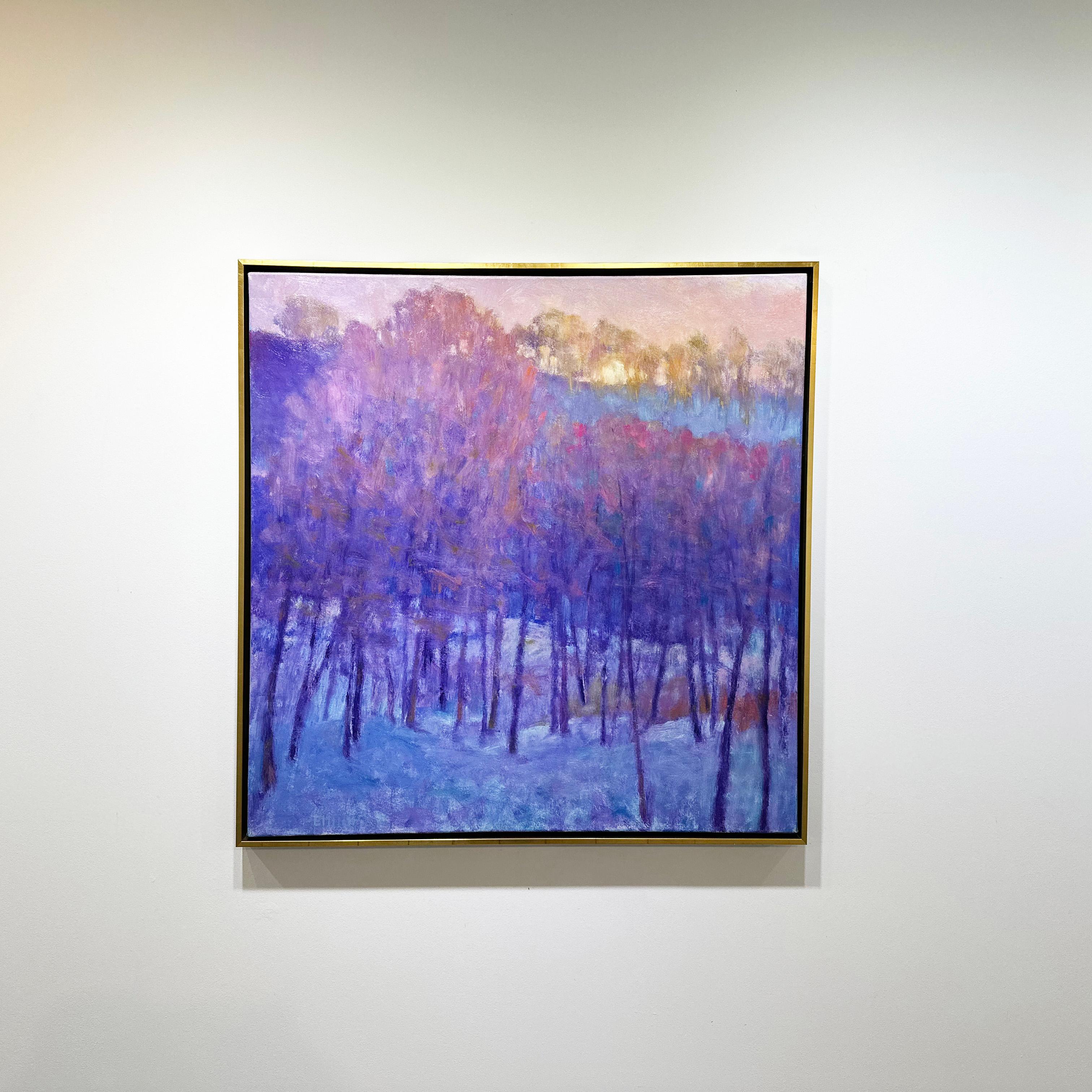 This abstract impressionistic landscape painting by Ken Elliott depicts a forest of trees sitting in a blanket of snow, and a subtle sunset above the top of the forest. The thin trees' trunks are a deep violet, which are contrasted by the muted