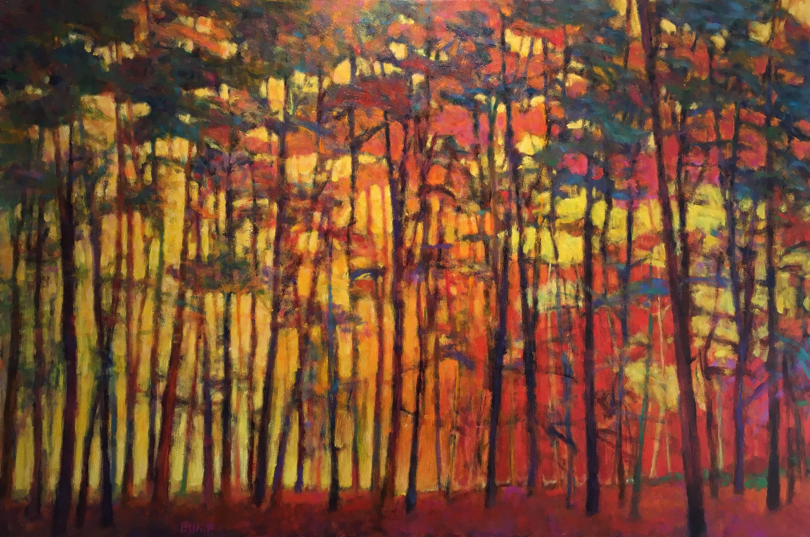 Ken Elliott Landscape Painting - Brightly Lit Woods