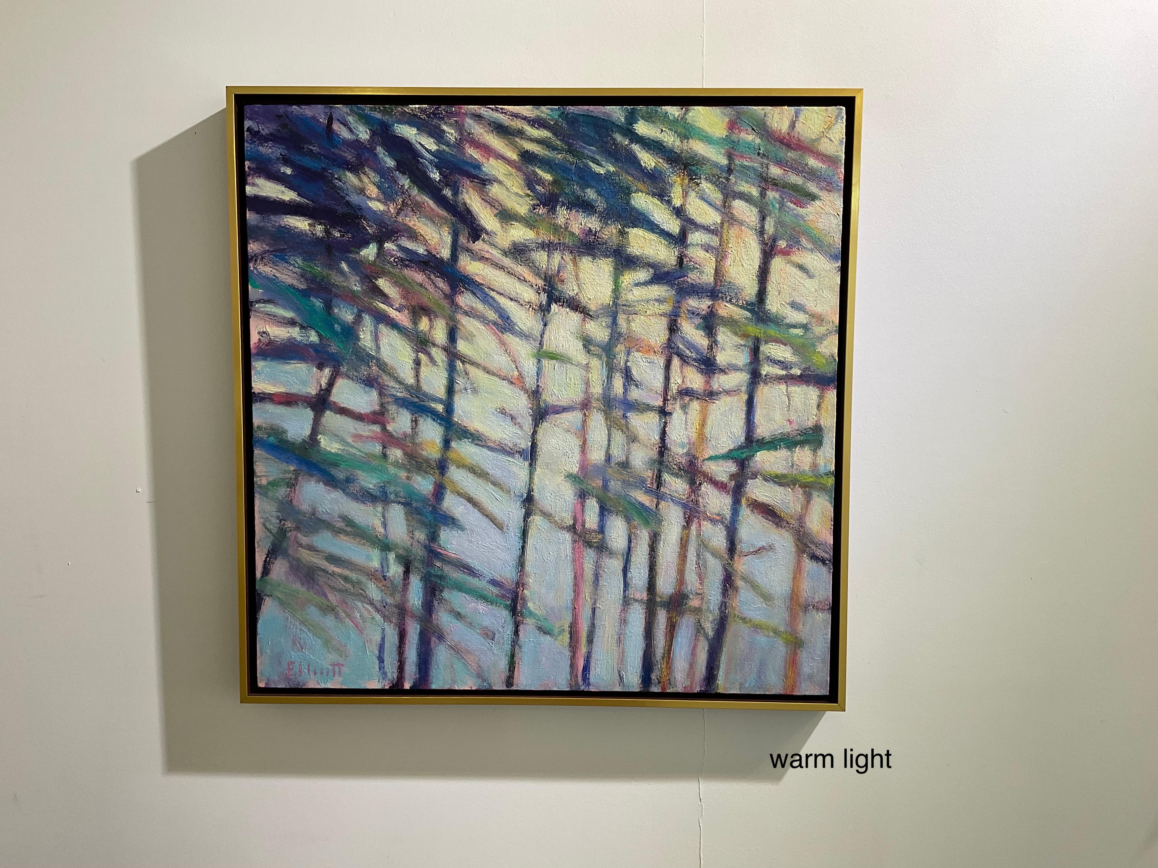 Dieses beeindruckende Original-Ölgemälde des in Colorado lebenden Künstlers Ken Elliott fängt den gefühlvollen Rhythmus und die chromatische Energie einer Waldlandschaft in Bewegung ein. Schichten aus reichhaltigen Pigmenten und ausdrucksstarken