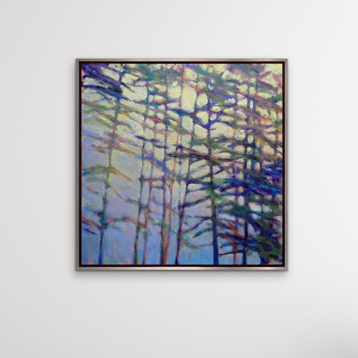 'Colors in the Breeze III' 2021 by American artist, Ken Elliott. Oil on canvas, 30 x 30 in. / Frame: 31.5 x 31.5 in. This painting of a forest and a field comprises of colors in green, purple, yellow, pink, and blue. Framed in a gold painted