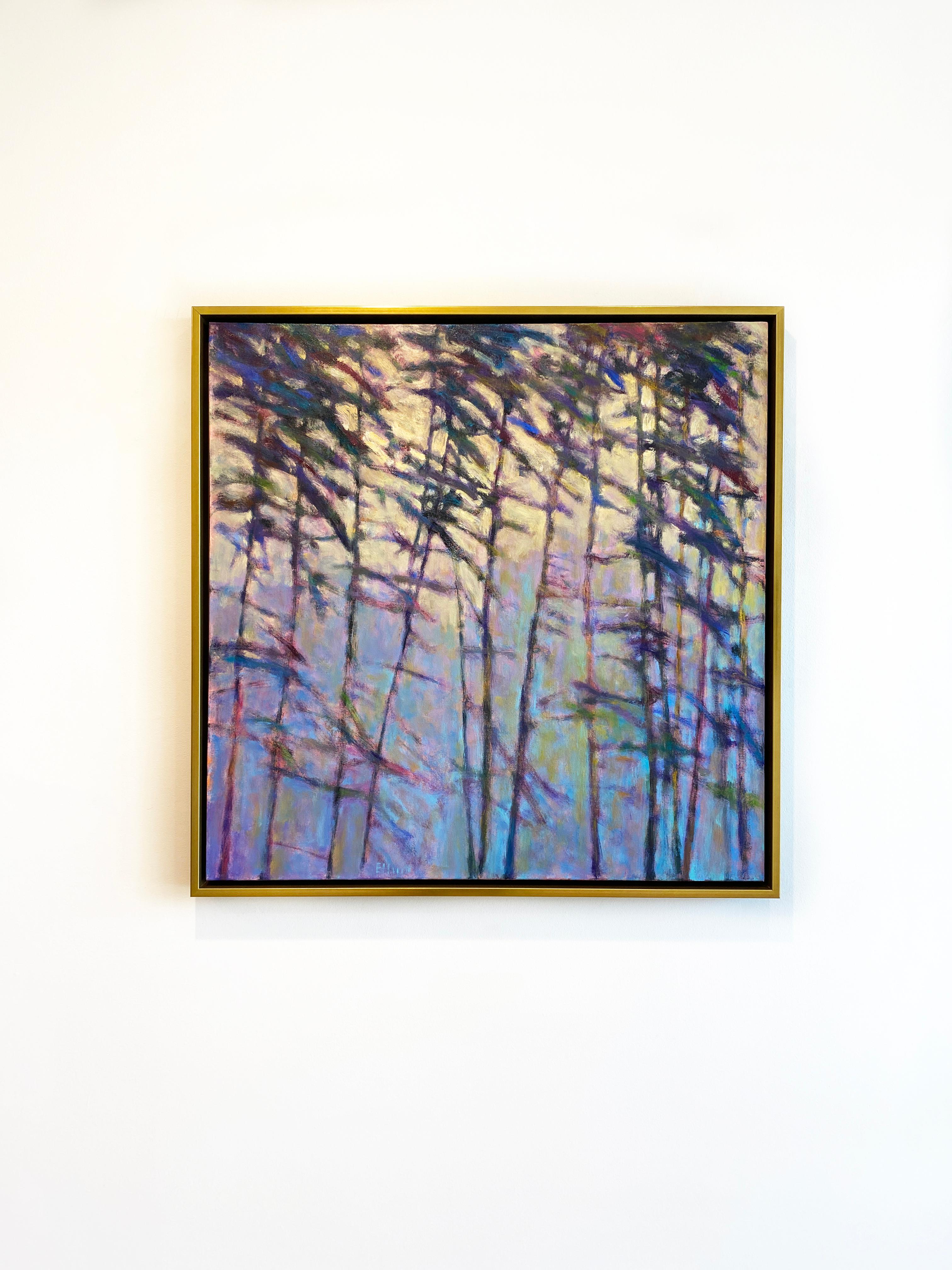 Available at Madelyn Jordon Fine Art. 'Colors in the Breeze IV' 2023 by American artist, Ken Elliott. Oil on canvas, 36 x 36 in. / Frame: 37.75 x 37.75 in. This painting of a forest incorporates a palette of colors in green, purple, yellow, pink,