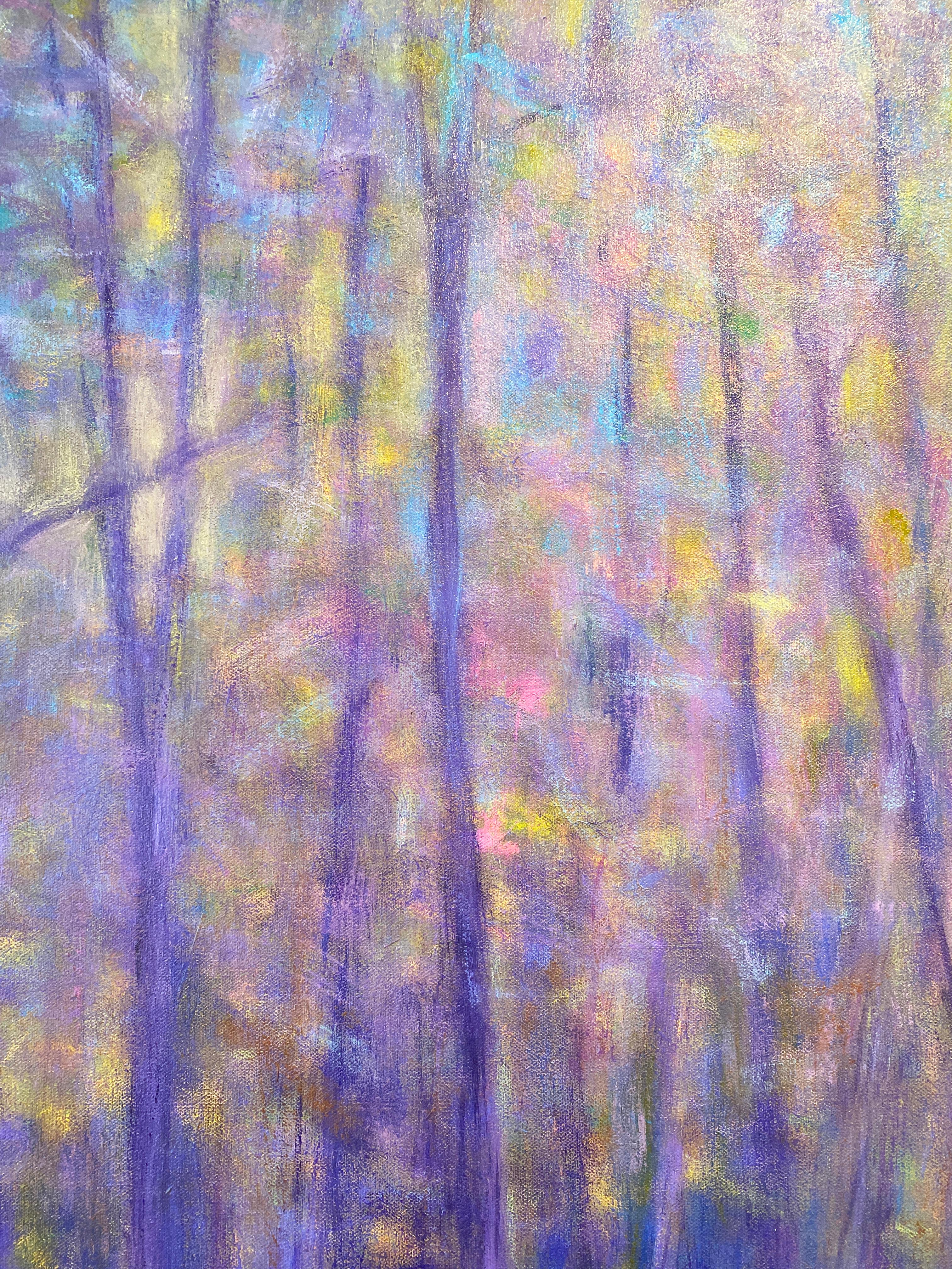 'Diffused Forest' 2022 by American artist, Ken Elliott. Oil on canvas, 40 x 60 in. A serene picture of a forest and meadow. Painted in an expressionistic style, the rich colors of purples and greens blend beautifully with the hints of blues and