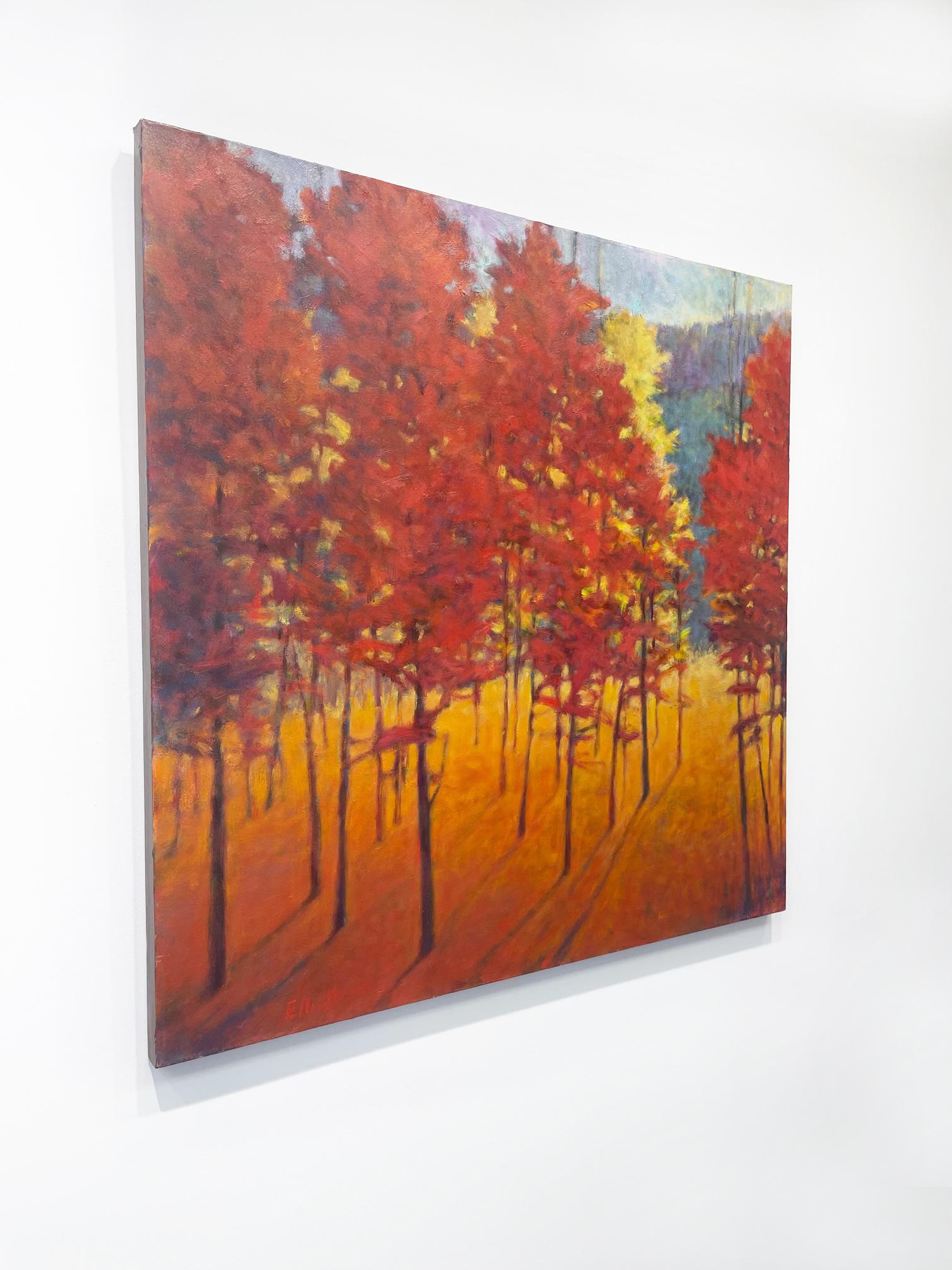 Available at Madelyn Jordon Fine Art. 'Red Stand' 2011 by American artist, Ken Elliott. Oil on canvas, 40 x 40 in. This painting of a forest incorporates a palette of rich colors in red, orange, yellow, purple, and blue. 

Colorado based artist Ken