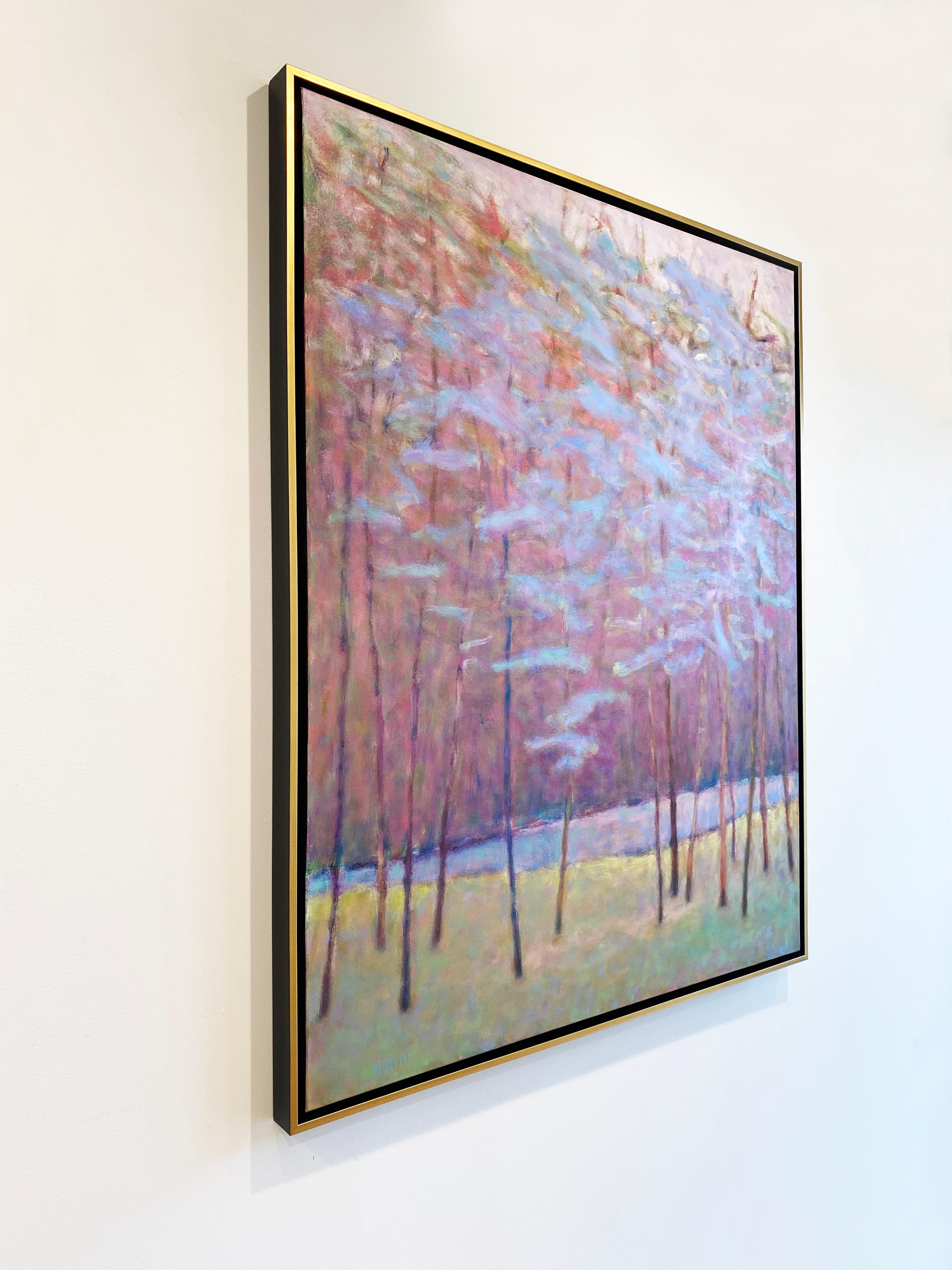 'Soft Tones at the Creek' 2022 by American artist, Ken Elliott. Oil on canvas, 50 x 40 in. / Frame: 51.5 x 41.75 in. This painting of a forest and ground comprises of colors in light blue, green, pink, purple, and brown. Framed in a gold painted
