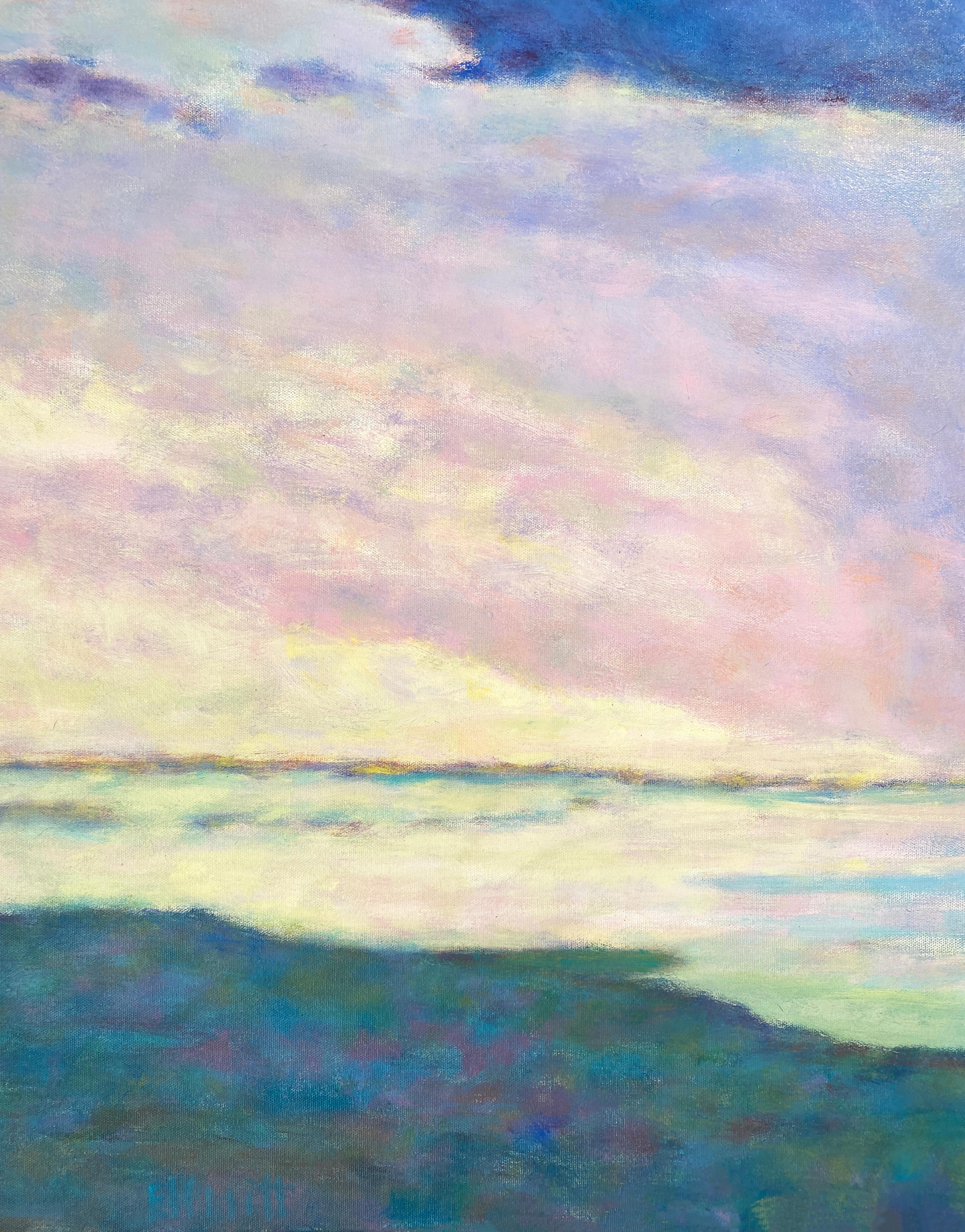 'Weather Moving Across' 2022 des amerikanischen Künstlers Ken Elliott. Öl auf Leinwand, 36 x 60 cm. Dieses Gemälde mit Wolken und Himmel besteht aus Farben in Rosa, Blau, Gelb, Lila und Grün. In der Bewegung von links nach rechts wird die Sonne