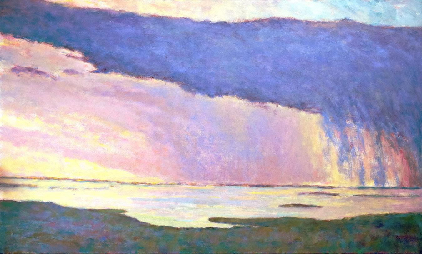 Ken Elliott Landscape Painting – Expressionistisches Landschafts-Ölgemälde, Wetter bewegt sich kreuzförmig