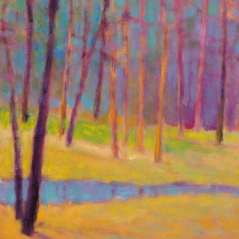 This abstract landscape painting by Ken Elliott is made with oil paint on canvas. It features a warm, colorful palette, with pink, deep yellow and green trees that stand on yellow ground. A blue and purple stream runs through the foreground
