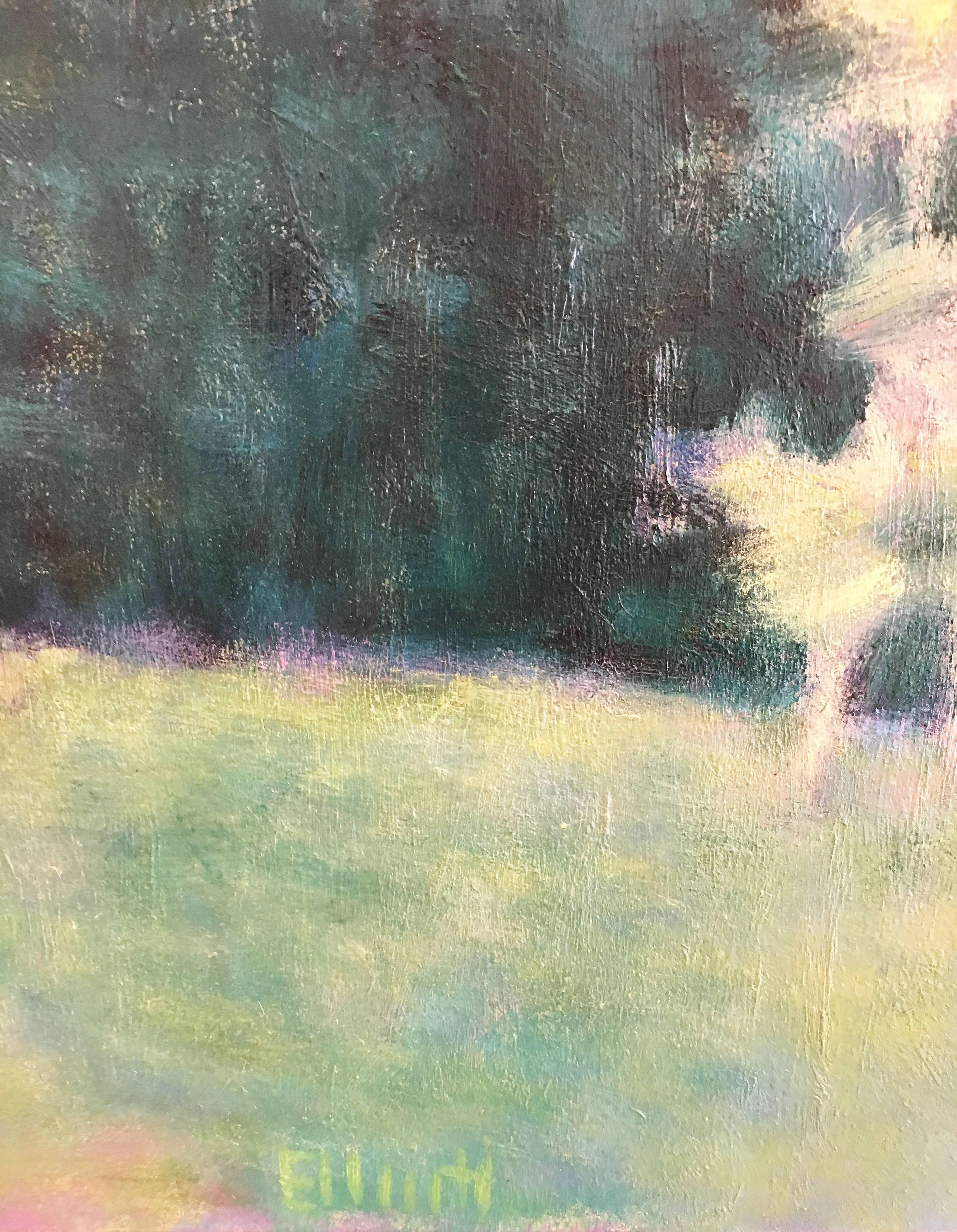 'Green Dream' 2017 by American artist, Ken Elliott. Oil on panel, 24 x 24 in.  A serene and peaceful view of a meadow and woodland. Painted in an Impressionist style, the rich colors of varying hues of green blend beautifully with the hints of pink