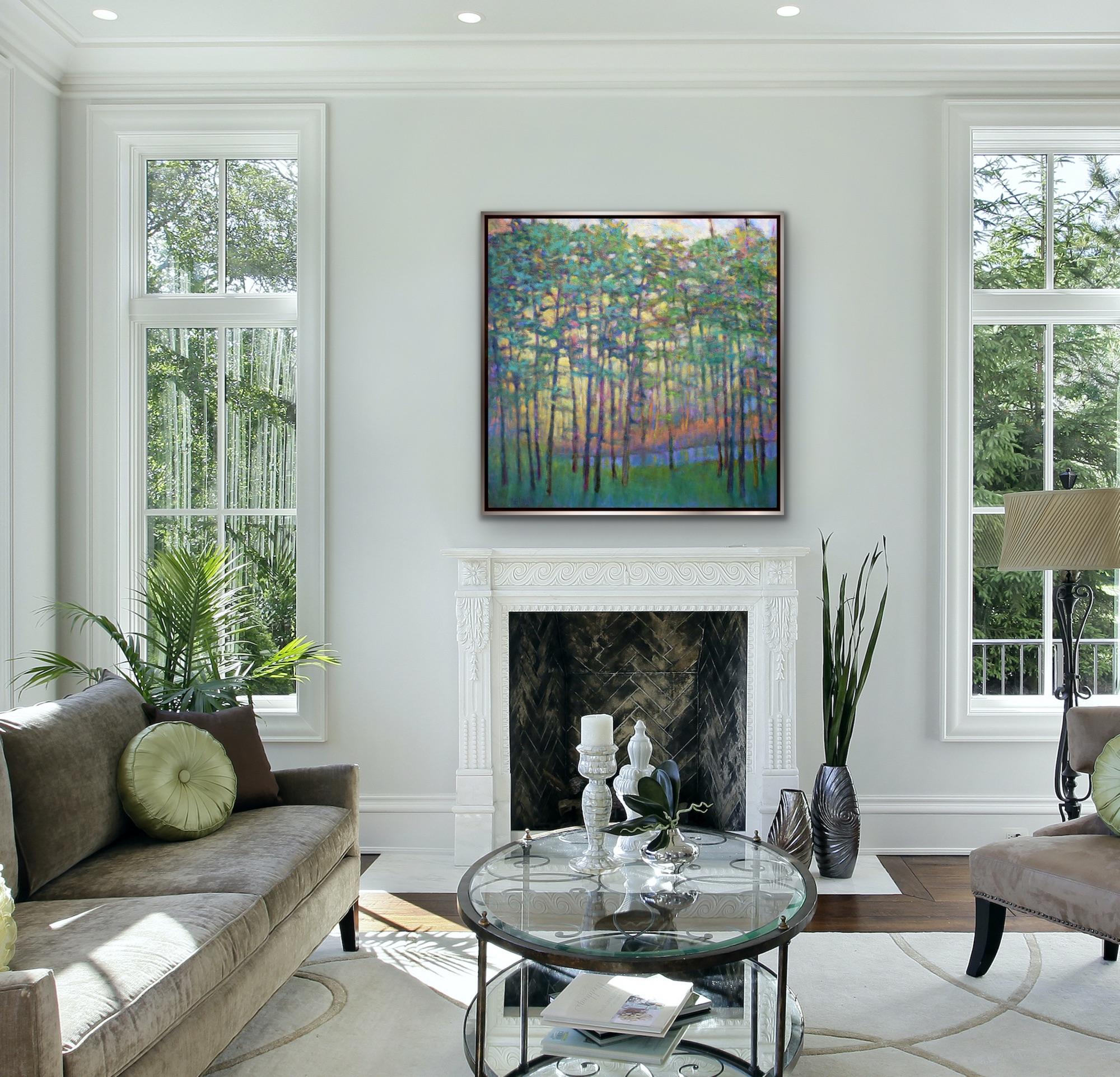 This abstract landscape by Ken Elliott features a bright, vibrant palette and an impressionistic style. The oil painting itself is 40