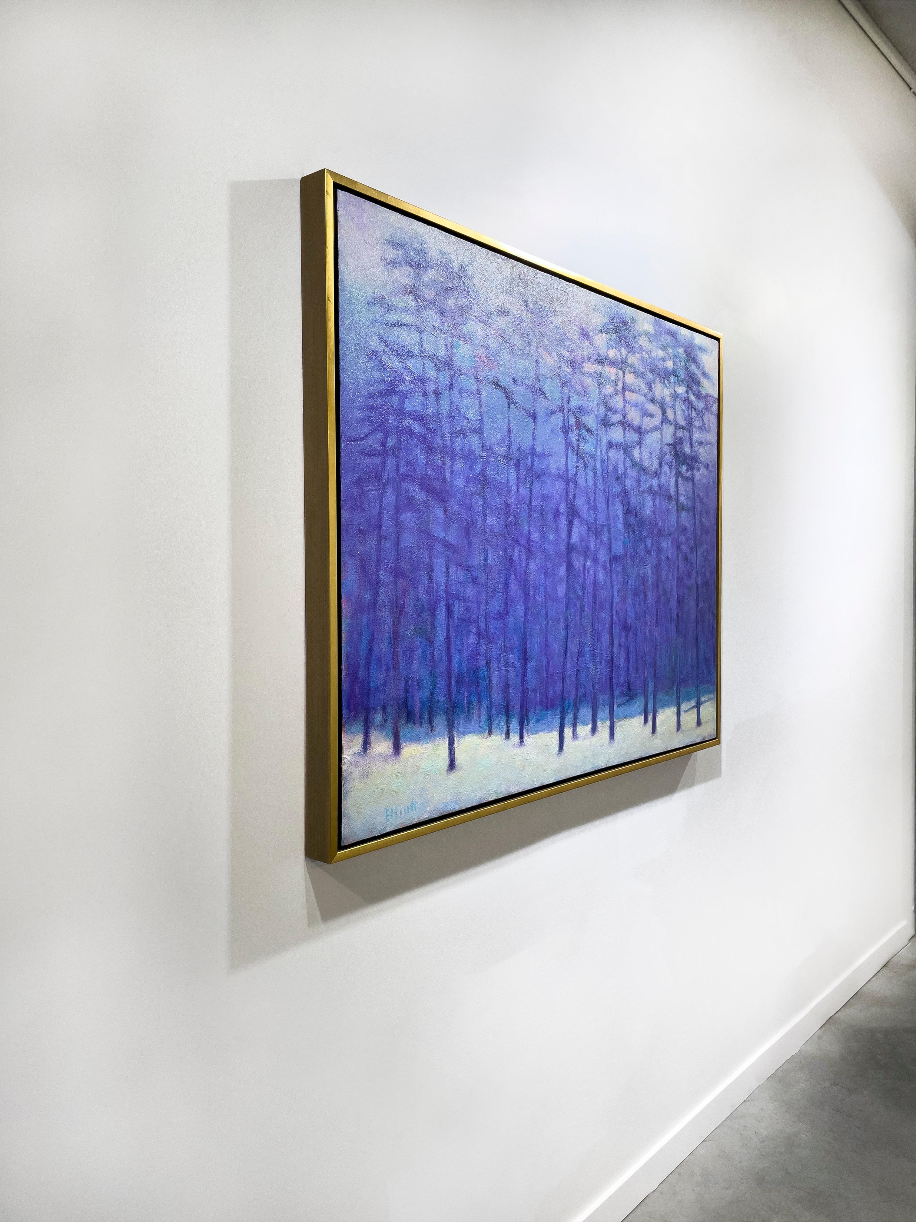 This contemporary abstract landscape painting by Ken Elliott is made with oil paint on canvas. It features a cool violet-blue palette, capturing an abstracted scene of a forest in the winter. The trees are depicted in shades of deep blue, with a