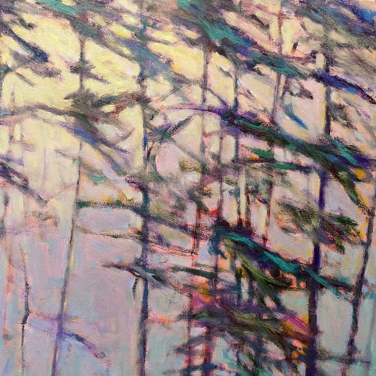 This contemporary abstract painting by Ken Elliott features abstracted trees in a cool-toned palette. The energetic blue and violet brush strokes that make up the tree trunks and leaves are warmed by a deep pink accent throughout. The trees, whose