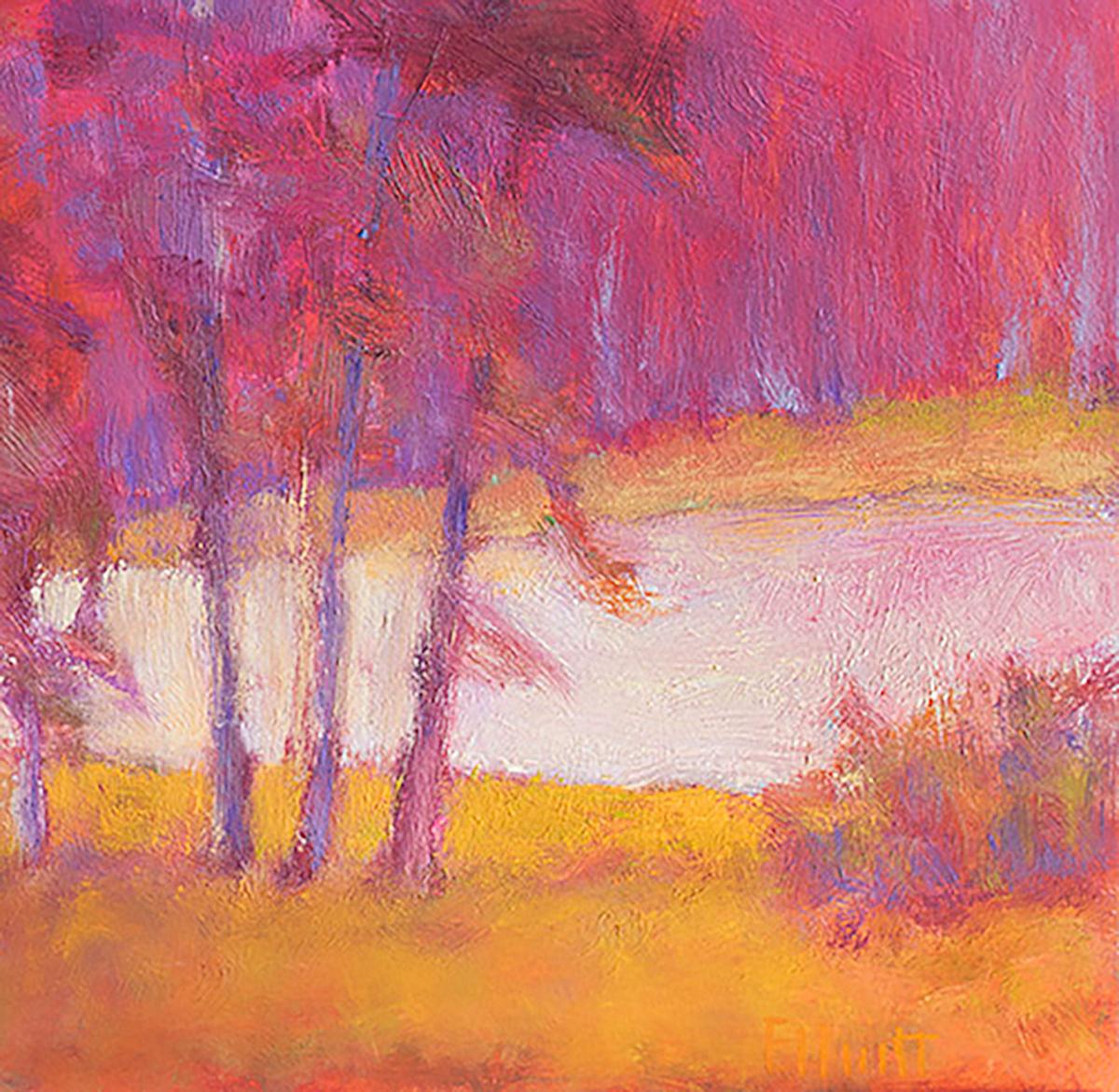 This abstracted, impressionistic landscape painting by Ken Elliott is made with oil paint on wood panel. The piece features a warm palette, with red trees in front of a purple and pink forest and yellow ochre ground. The paint is layered to create