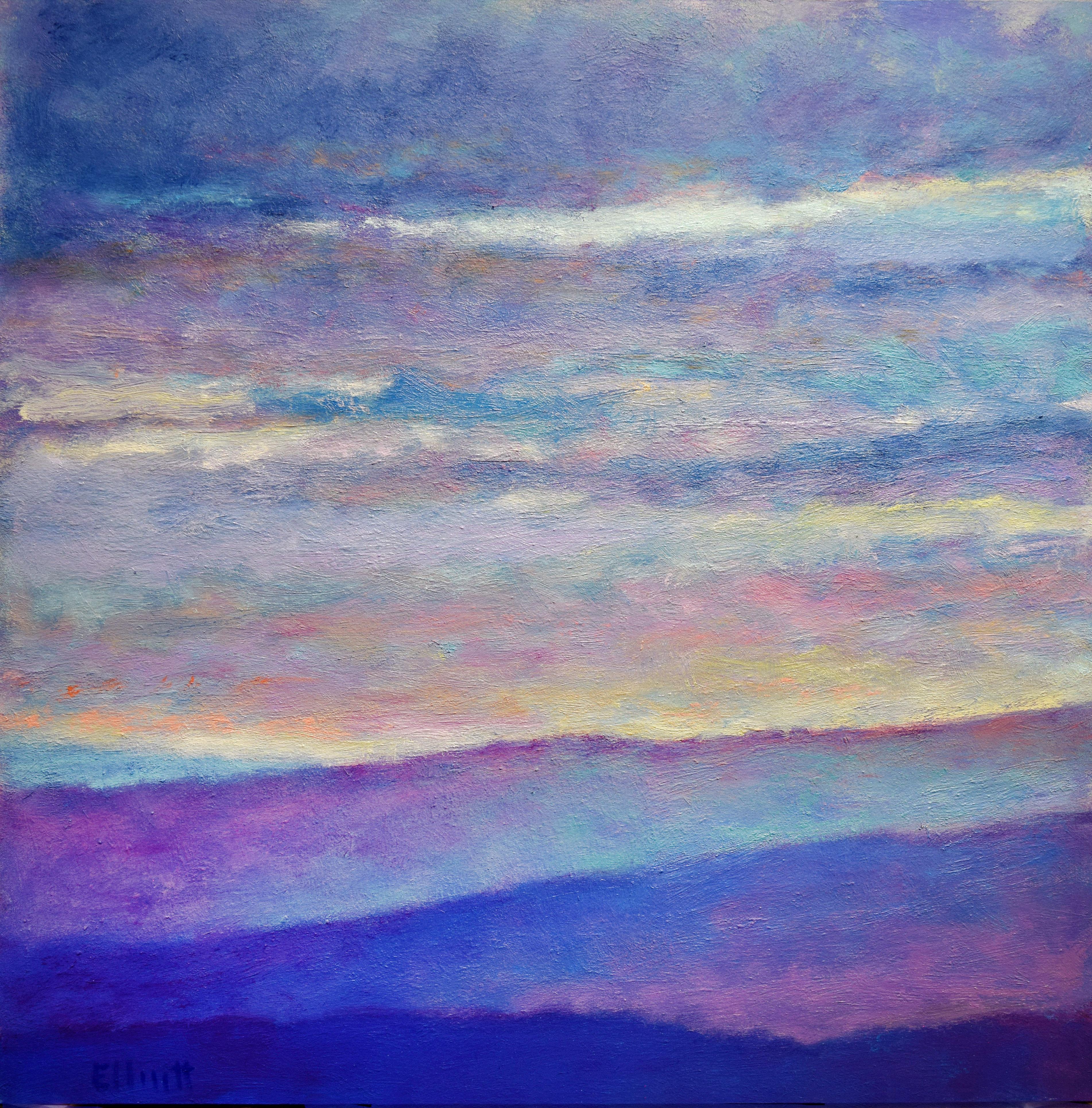 This contemporary abstract landscape painting by Ken Elliott is made with oil paint on canvas. It features a cool blue and violet palette, capturing rolling hills underneath thick, hazy clouds, with contrasting accents of warm yellow peaking out