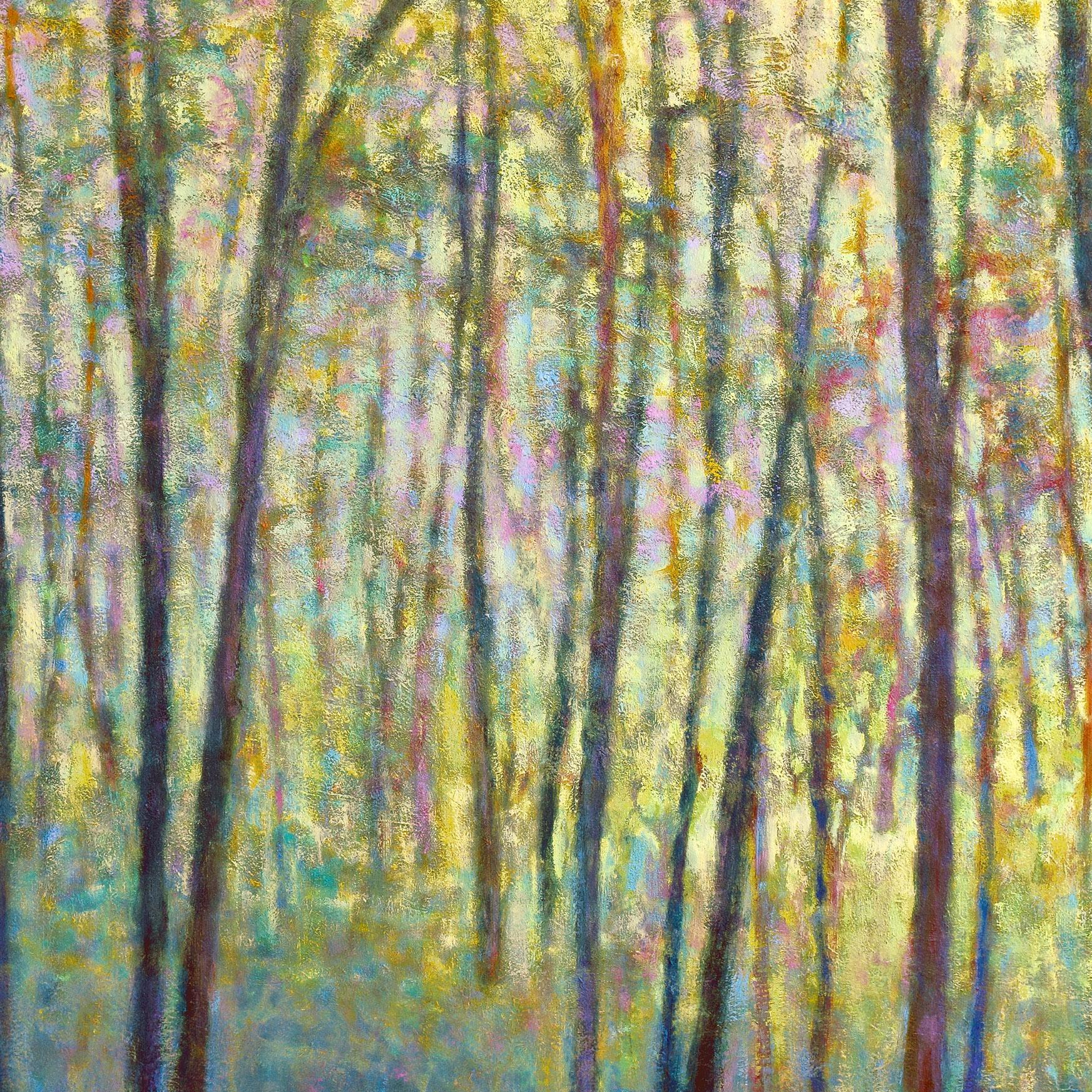 This abstract landscape statement painting by Ken Elliott features a warm palette and impressionistic style. It pictures a forest-scape with thin, dark tree trunks, surrounded by bright yellow and warmer dabs of lavender, teal, and red. The piece