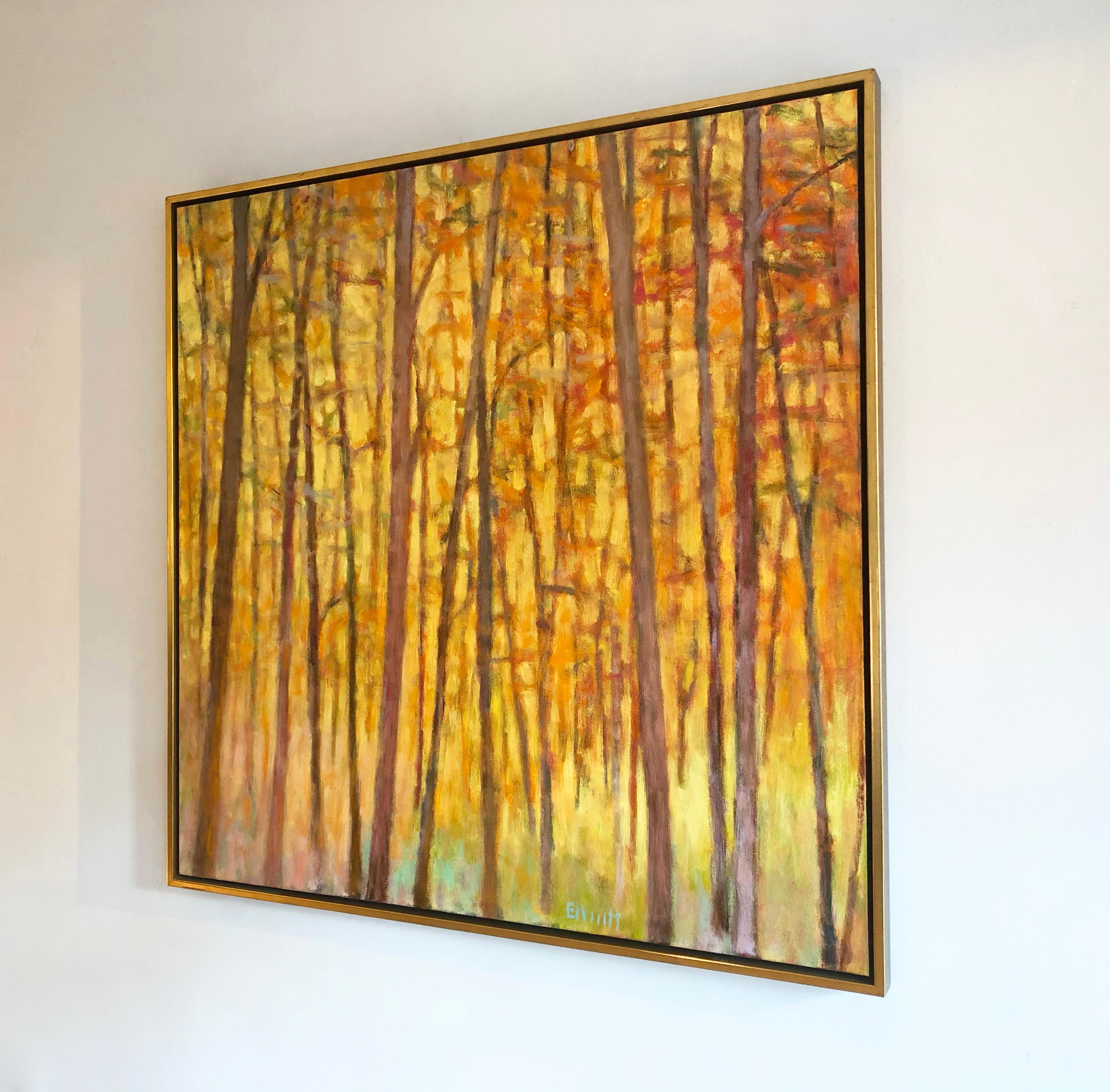 This abstract landscape painting by Ken Elliott features a warm palette. Made with oil paint on canvas, thin tree trunks are painted in warm umber tones with orange and yellow leaves and foliage surrounding them. The overall warm piece is 48