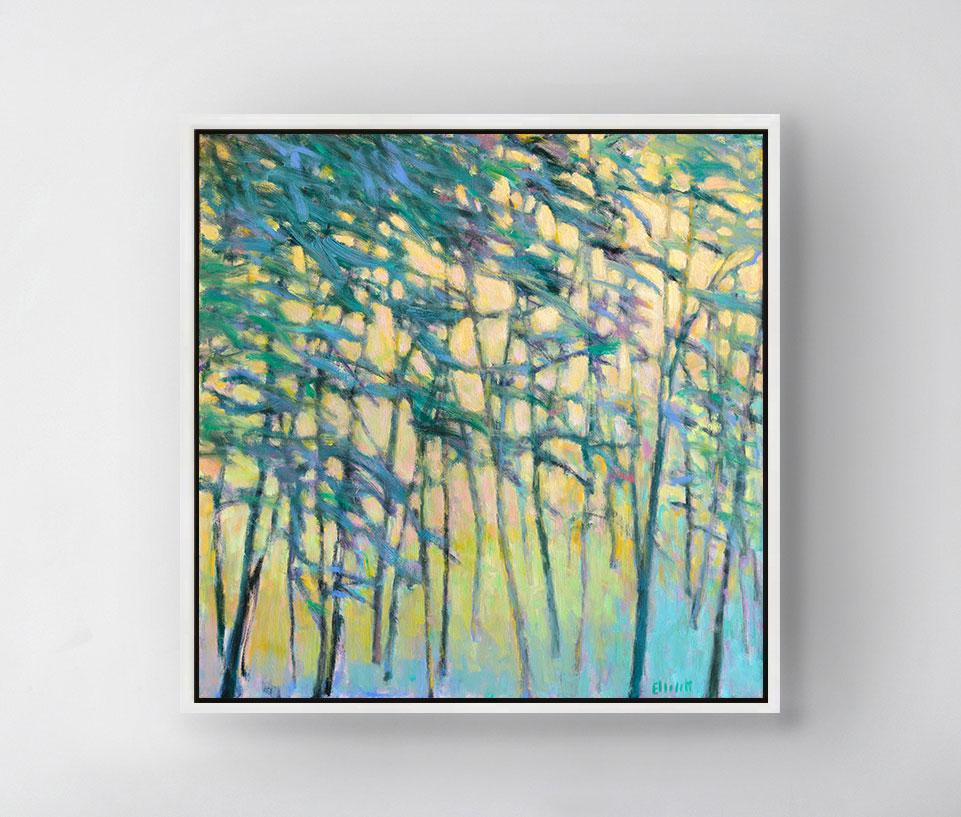 This colorful abstract landscape piece is a Limited-Edition giclee print by Ken Elliott with an edition of 195. Printed on canvas, this giclee ships framed in a gold floater frame wired and ready to hang. Other floater frame options are available in