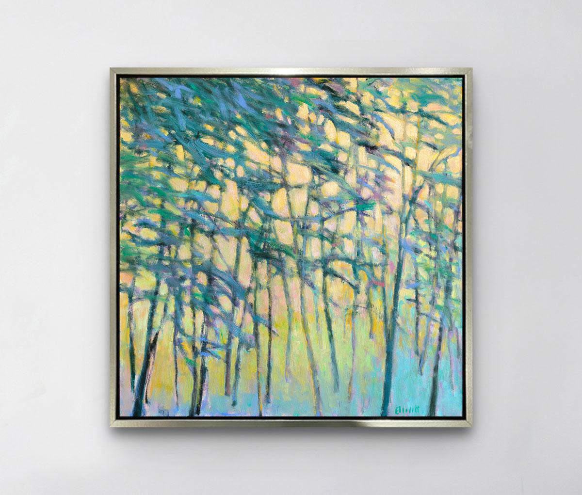 This colorful abstract landscape piece is a Limited-Edition giclee print by Ken Elliott with an edition of 195. Printed on canvas, this giclee ships framed in a gold floater frame wired and ready to hang. Other floater frame options are available in