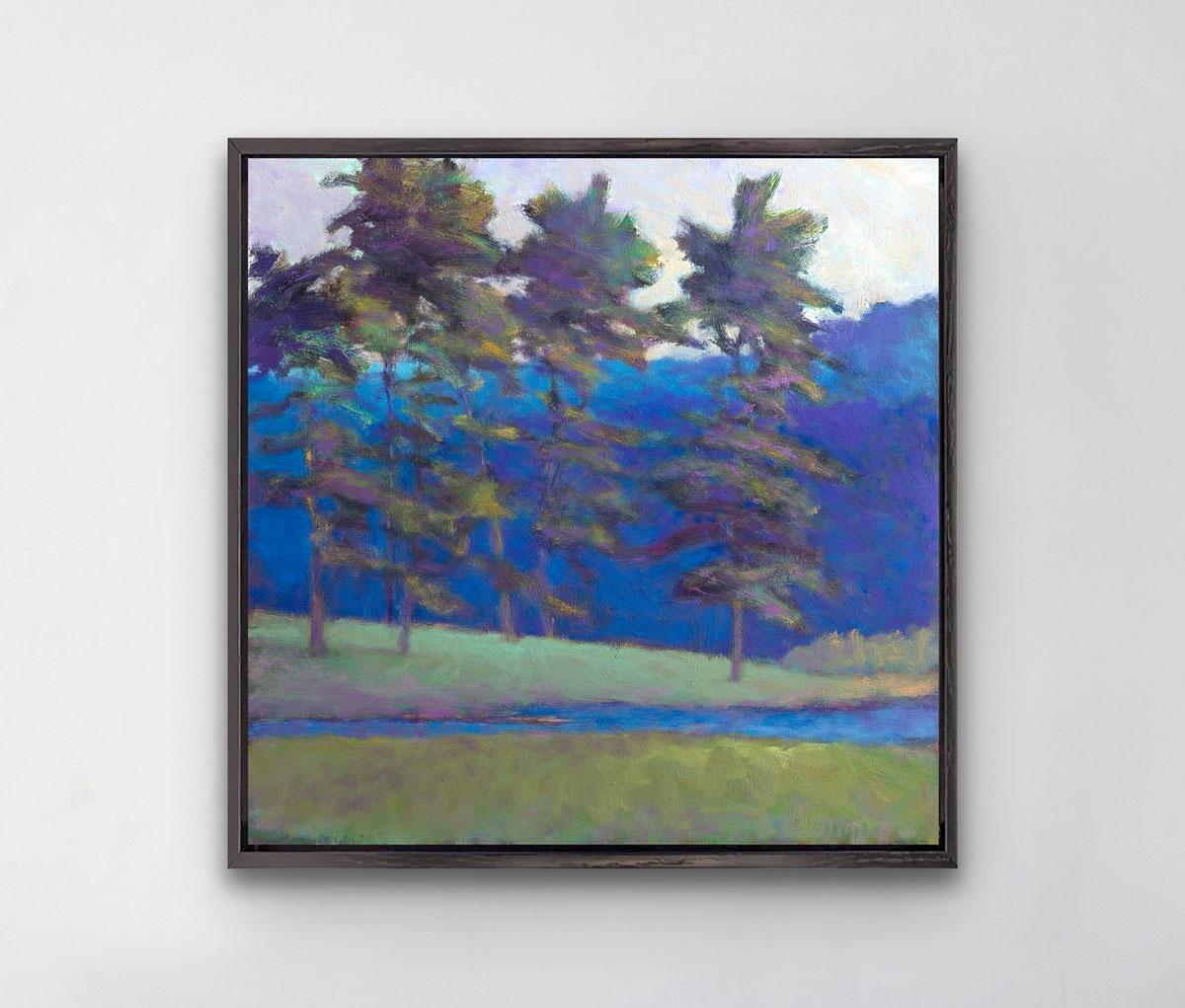 This colorful abstract landscape piece is a Limited-Edition giclee print by Ken Elliott with an edition of 195. Printed on canvas, this giclee ships framed in a gold floater frame wired and ready to hang. Other floater frame options are available in