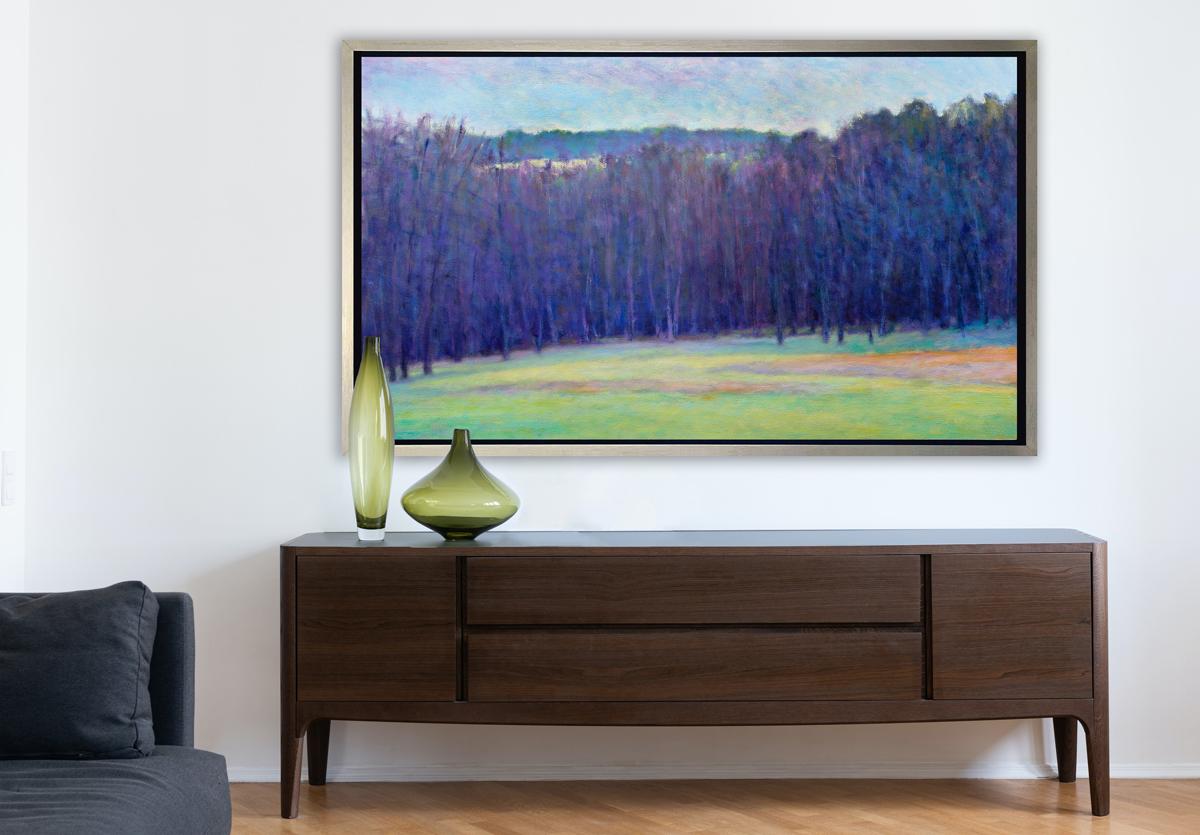 This abstract landscape limited edition print by Ken Elliott depicts a cool, deep violet forest and light yellow-green forest floor, which is contrasted by warm orange accents. 

This Limited Edition giclee print by Ken Elliott is an edition size of