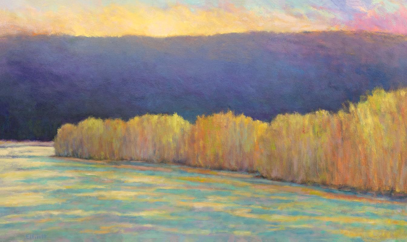 This abstract landscape limited edition print by Ken Elliott features deep violet hillside complemented by warm yellow trees and yellow and mint-green grass in the foreground. 