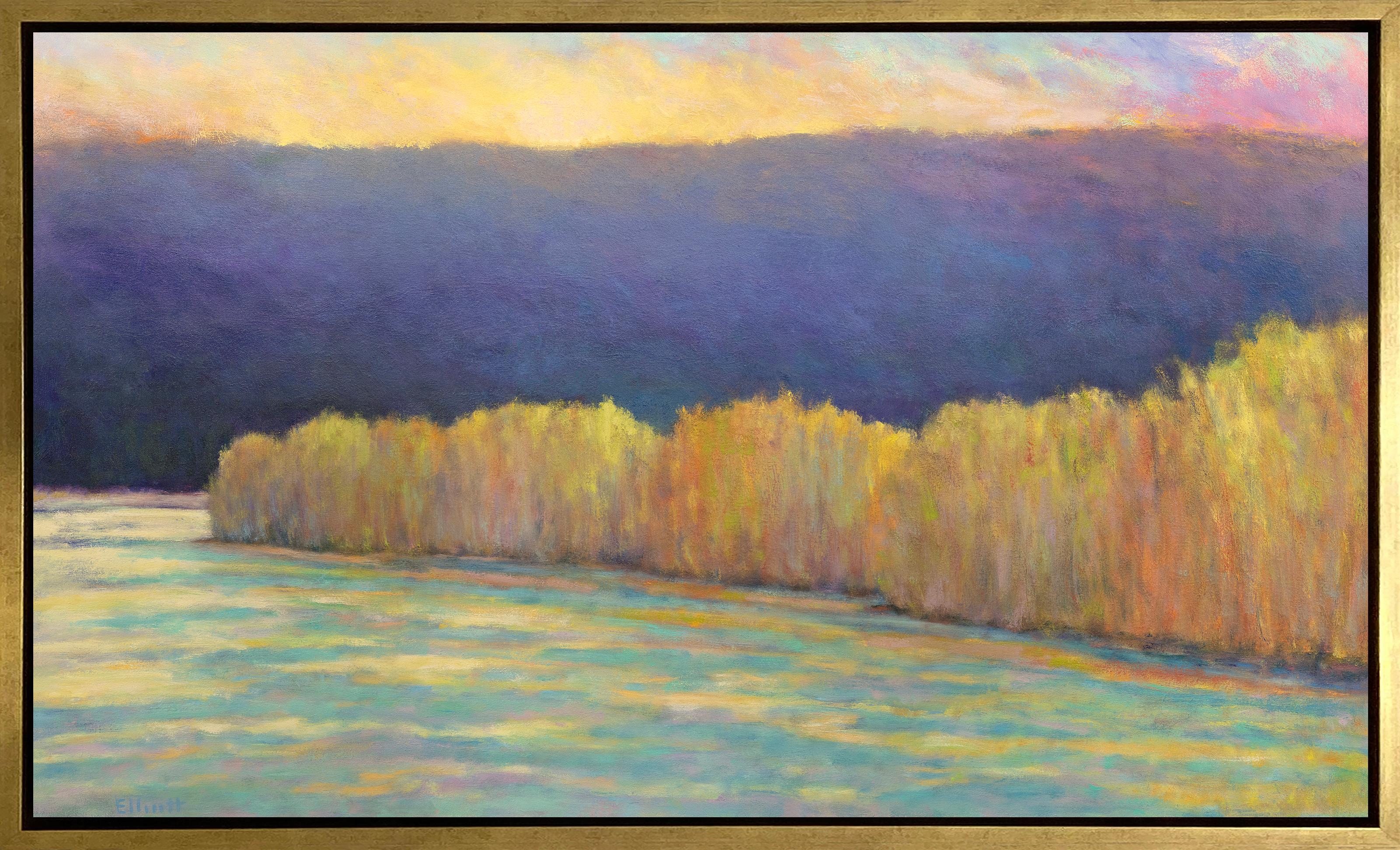 Ken Elliott Landscape Print - "Gold at the River, " Framed Limited Edition Giclee Print, 24" x 40"
